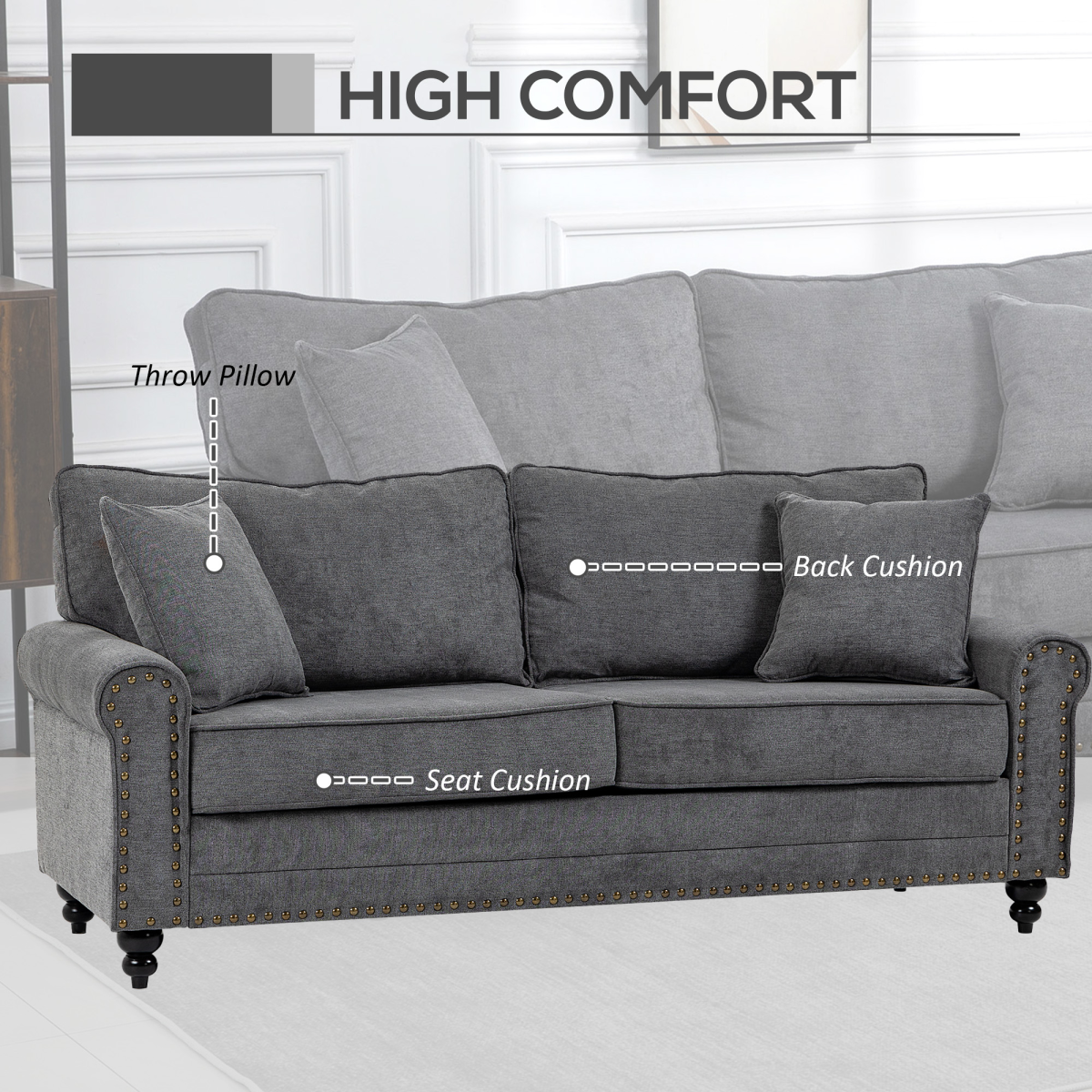 Grey Fabric 2 Seater Sofa with Cushions and Pillows