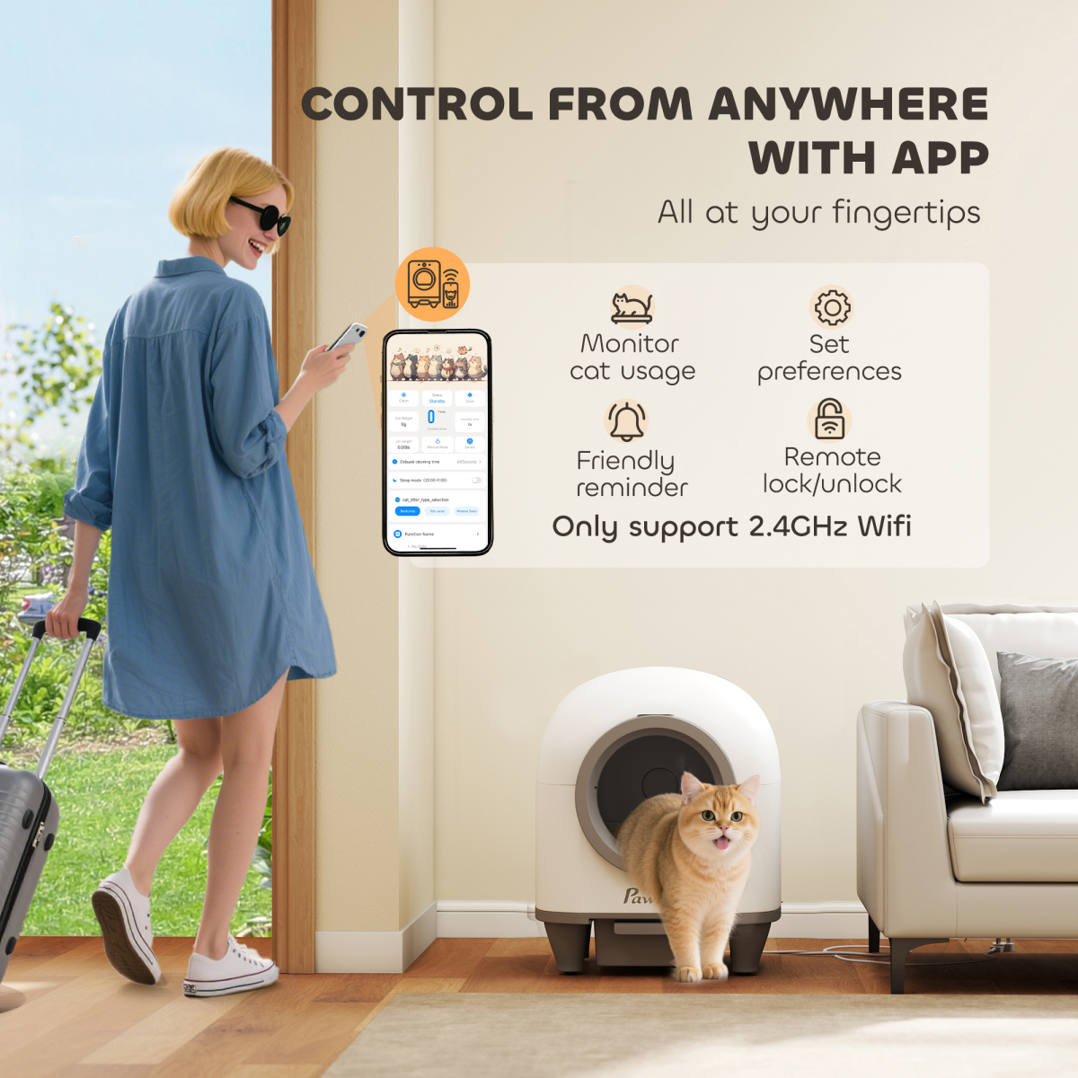 PawHut 80L Self-Cleaning Cat Litter Box with App Control, 12 Sensors