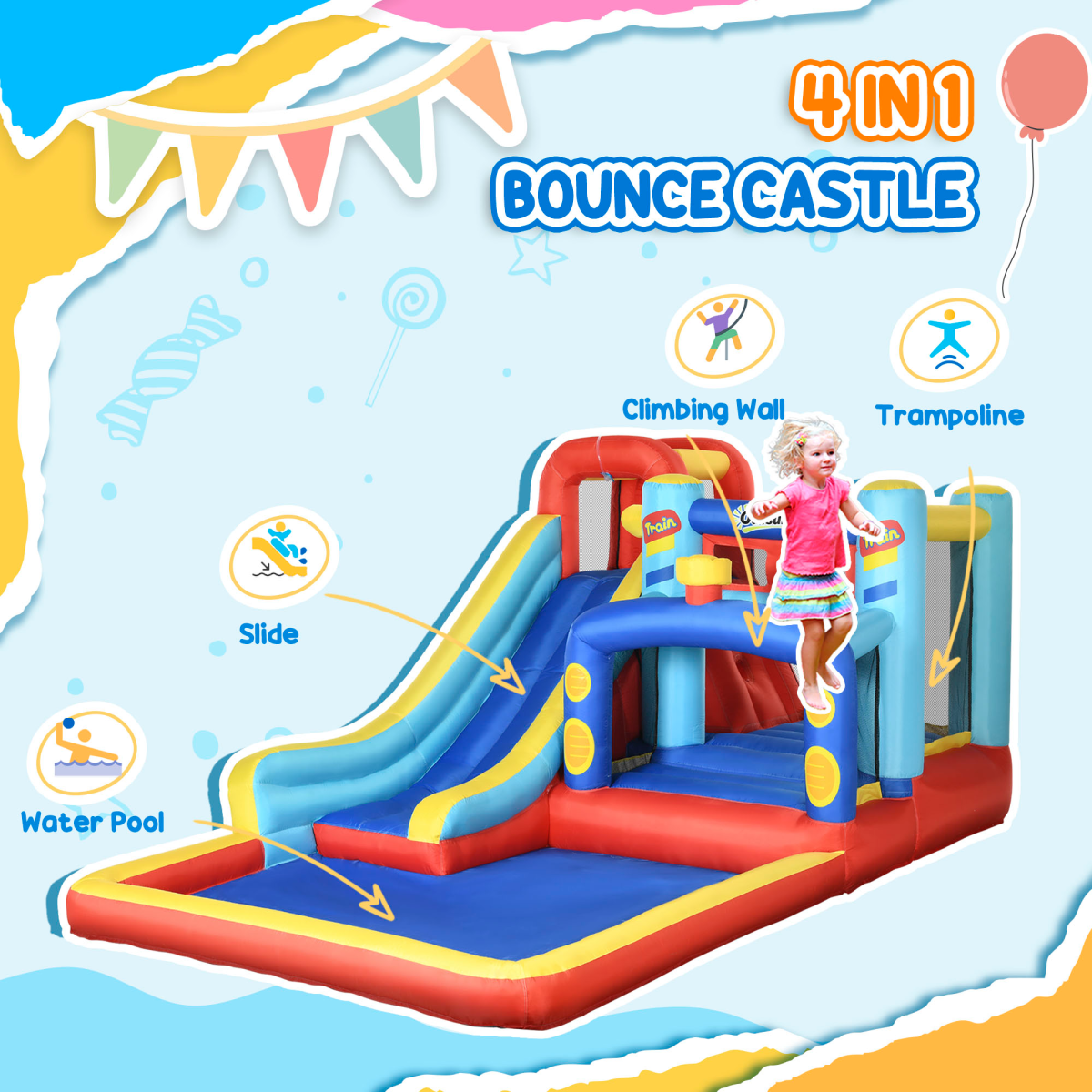 Outsunny 4 in 1 Kids Bouncy Castle Slide Pool Trampoline Climbing Wall Blower