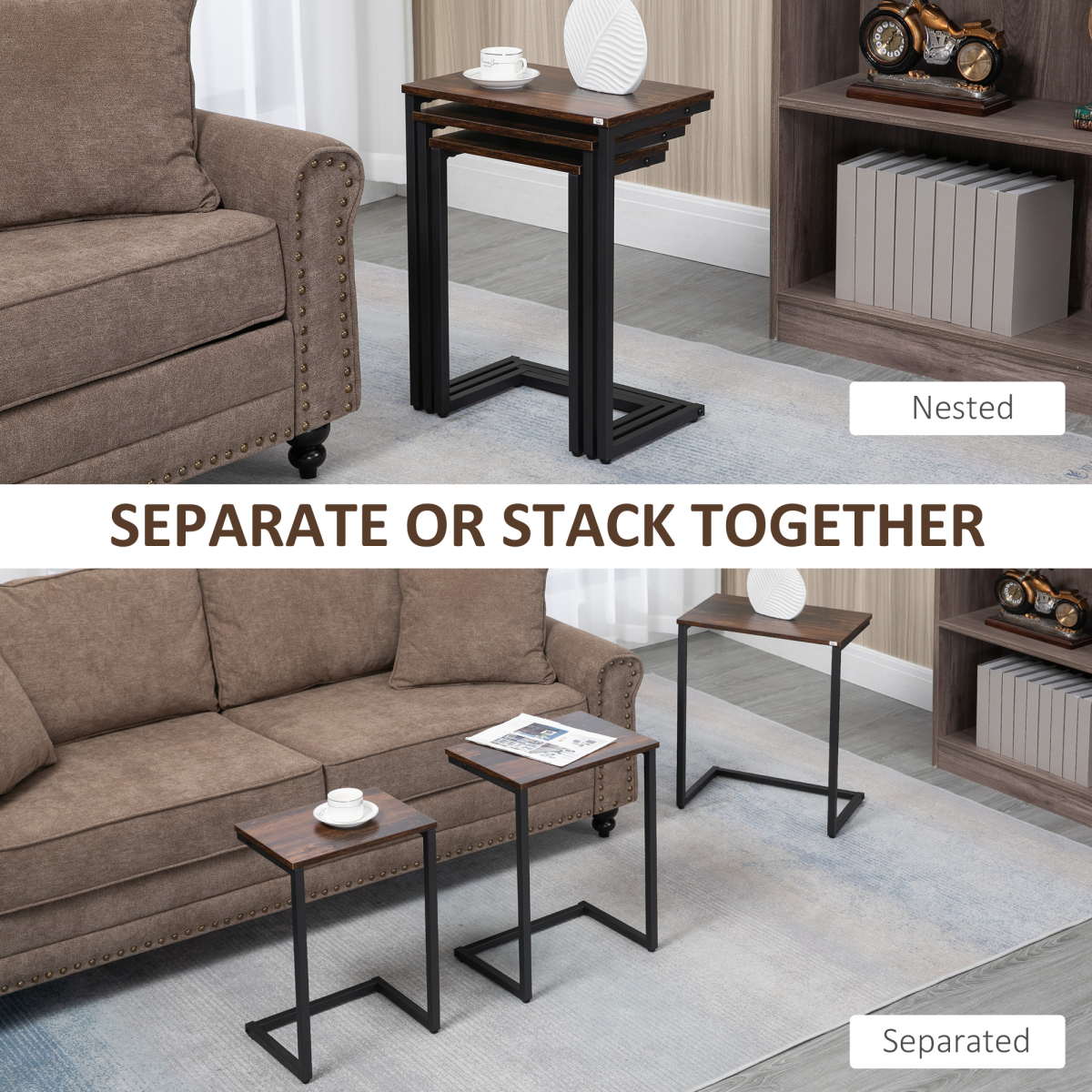 HOMCOM Set of 3 C-Shaped Nesting Tables, Steel Frame, Rustic Brown