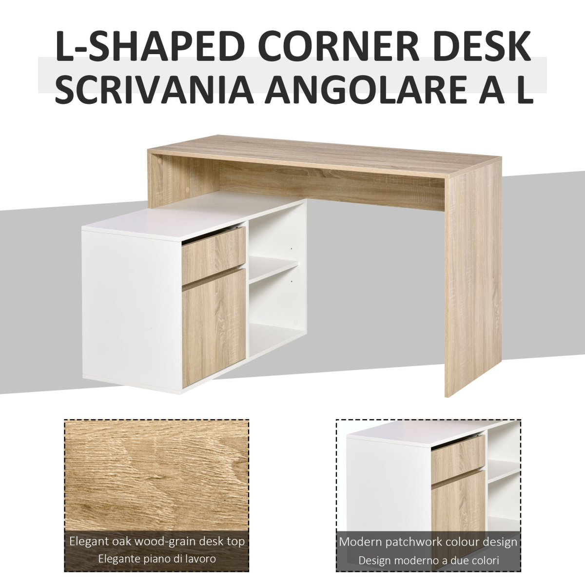 HOMCOM L-Shaped Corner Computer Desk with Cabinet, Drawer and Shelves, Oak and White