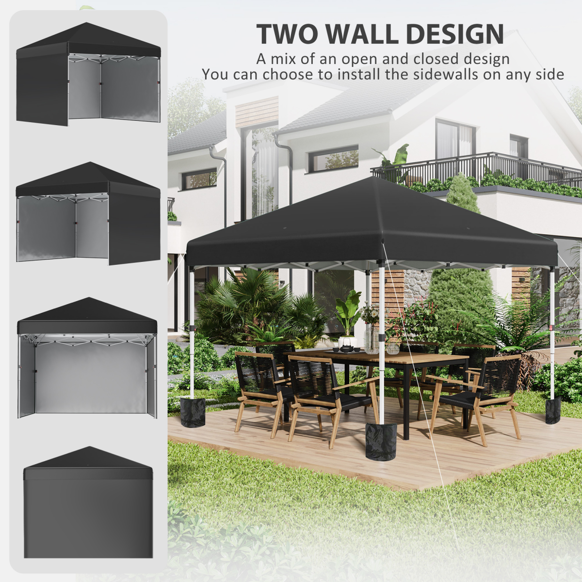 Outsunny 3x3m Pop Up Gazebo Party Tent with 3 Sidewalls, Black