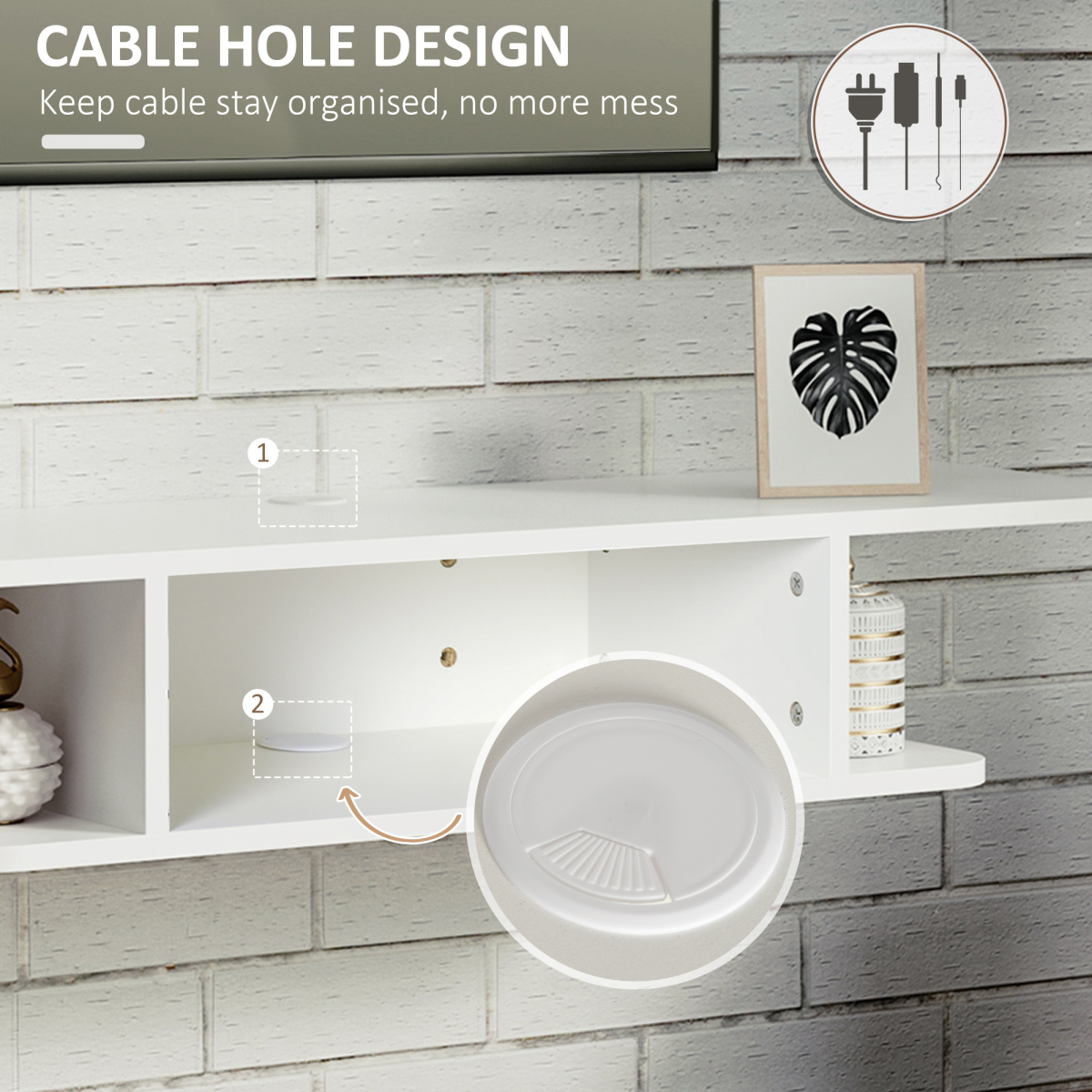Wall Mounted Floating TV Unit with Storage Shelves, White