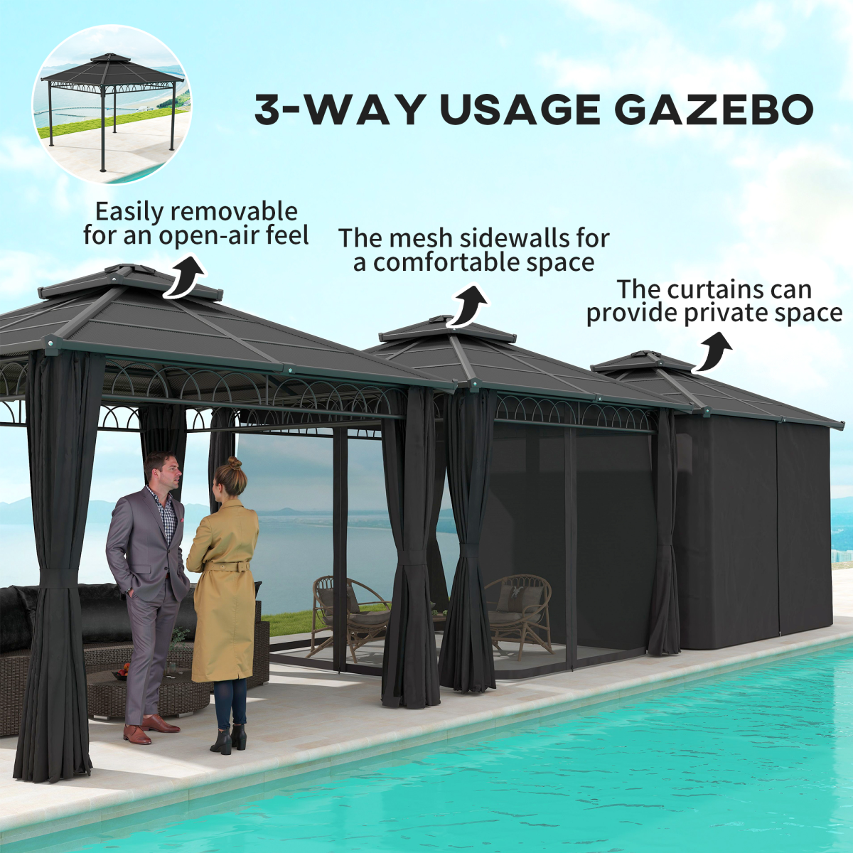 Outsunny 3 x 3 m Double Roof Hardtop Gazebo with Netting, Dark Grey