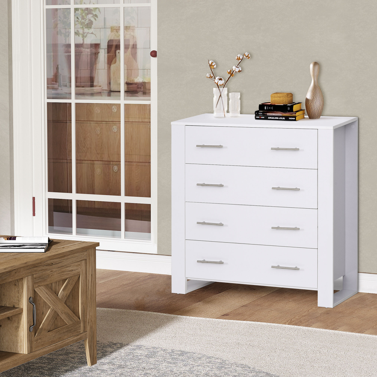 White 4-Drawer Chest of Drawers, Metal Handles, Storage Cabinet