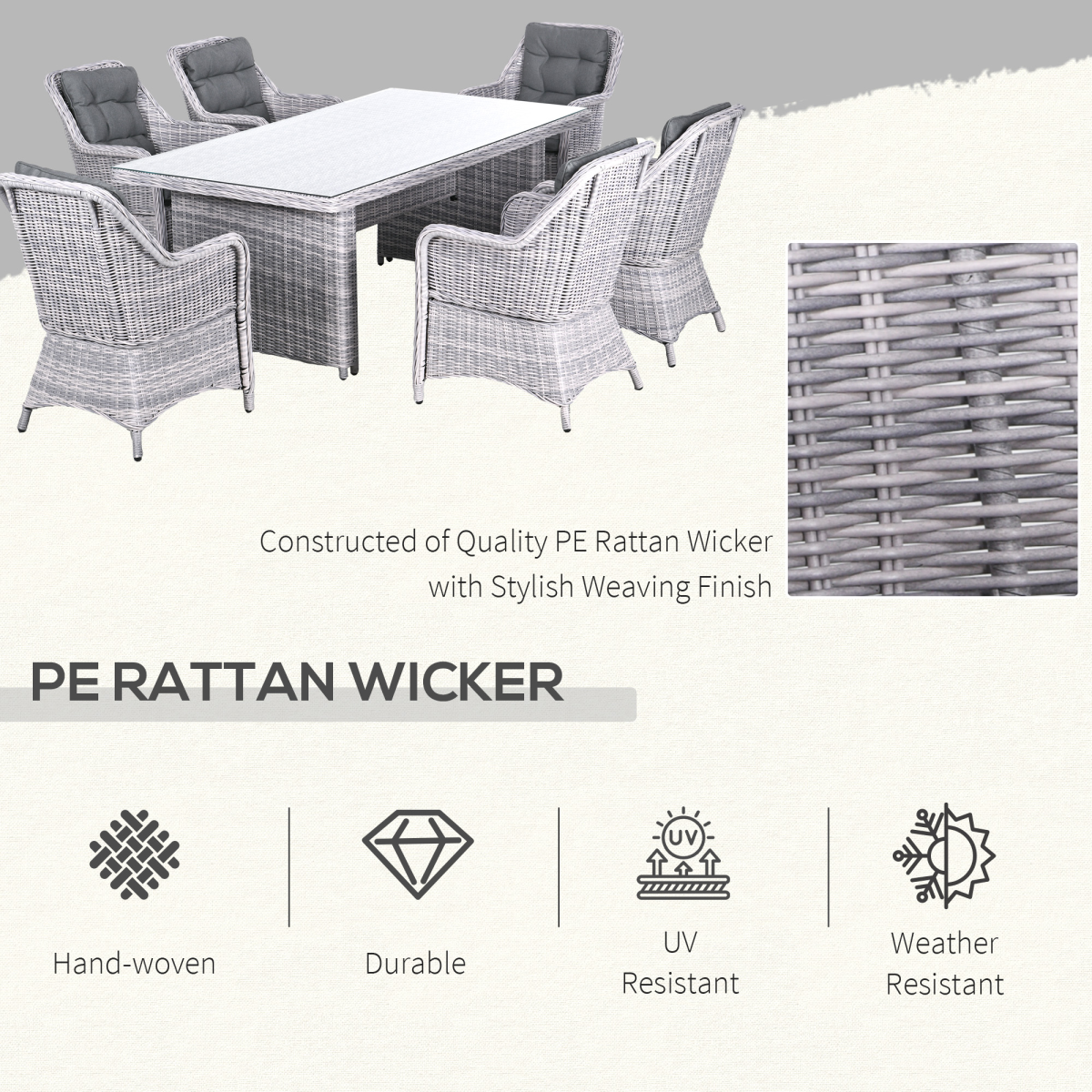 Outsunny 7-Piece Patio Rattan Dining Set with Tempered Glass Table
