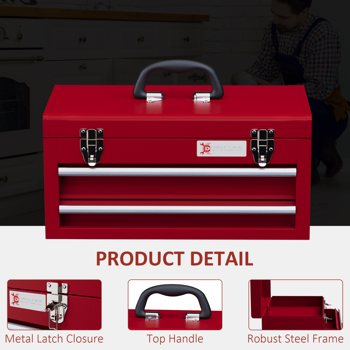 DURHAND Lockable 2-Drawer Steel Tool Chest with Ball Bearing Slides, Red