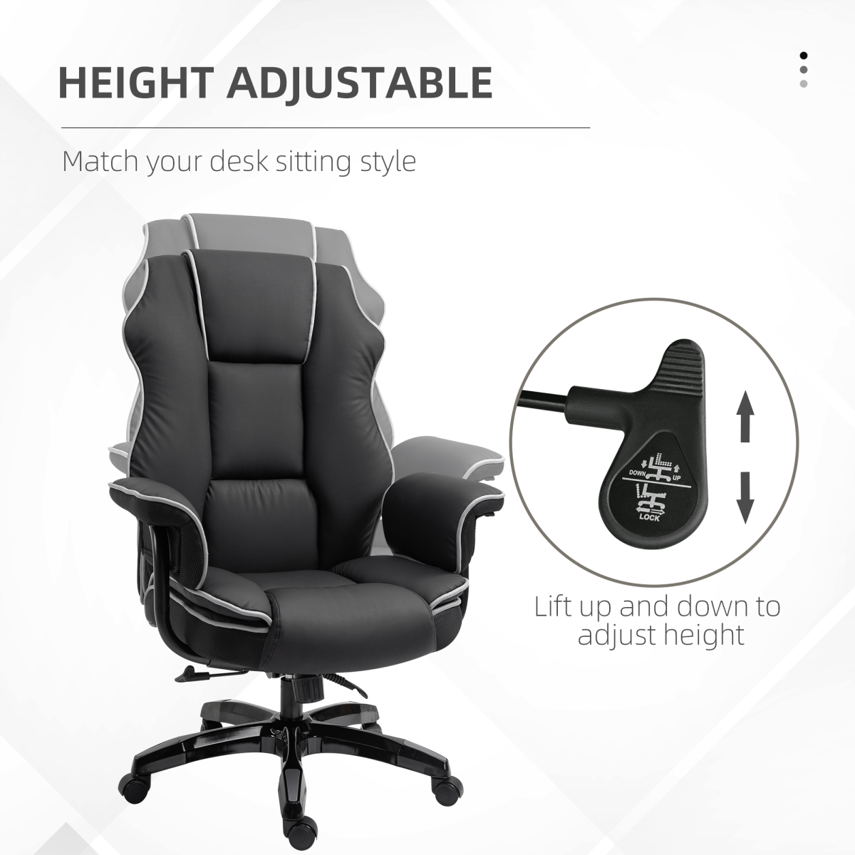 Black Piped PU Leather High Back Reclining Swivel Office Gaming Chair with Adjustable Height, Black