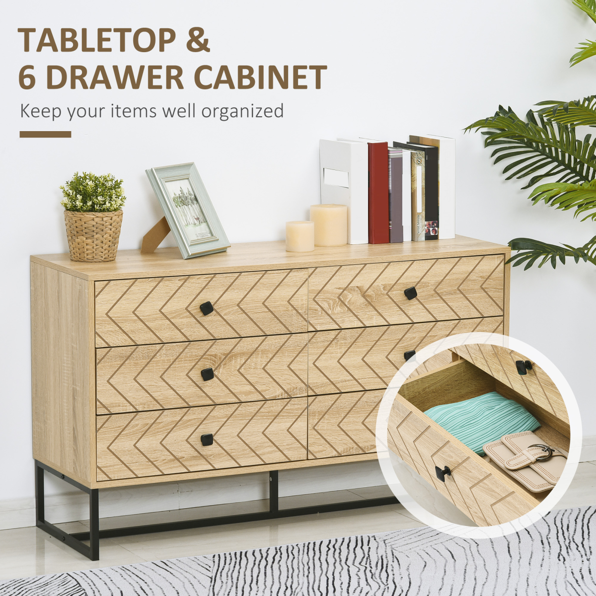 HOMCOM 6 Drawer Storage Unit Zig Zag Design Hallway Bedroom Living Room Cabinet with Black Handles and Anti-Tip Safety