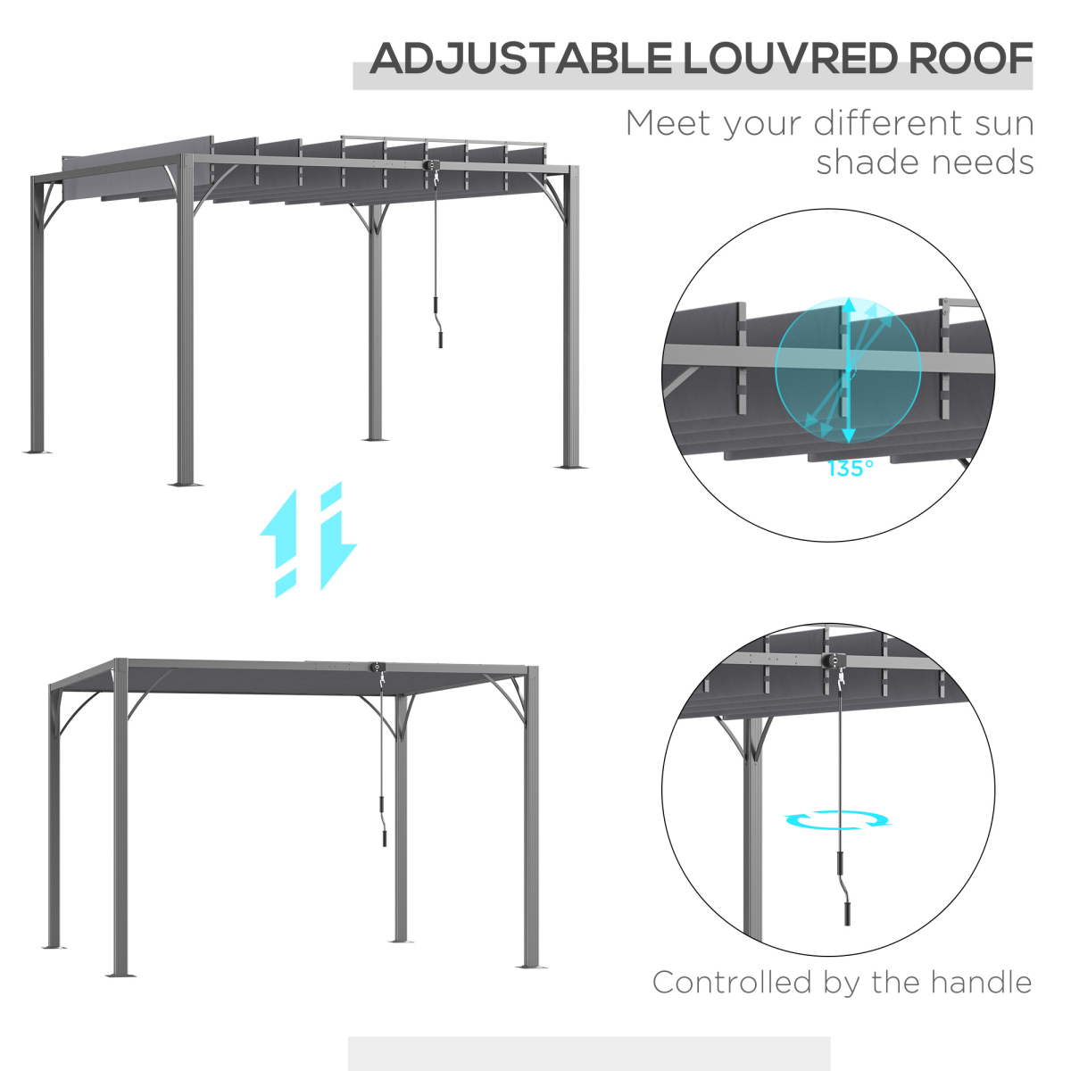 Outsunny 3 x 3m Outdoor Aluminium and Steel Pergola with 135° Louvered Roof, Grey
