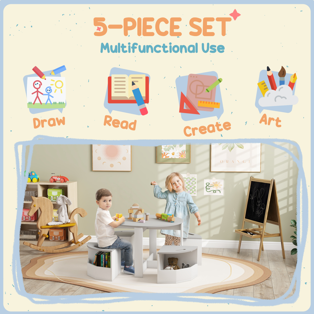 AIYAPLAY 5-Piece Kids Table and Chairs Set with Storage, Grey/White