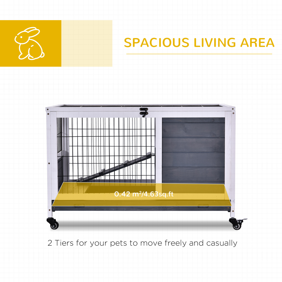 Wood Indoor Rabbit Hutch, 2-Floor Elevated Cage with Wheels