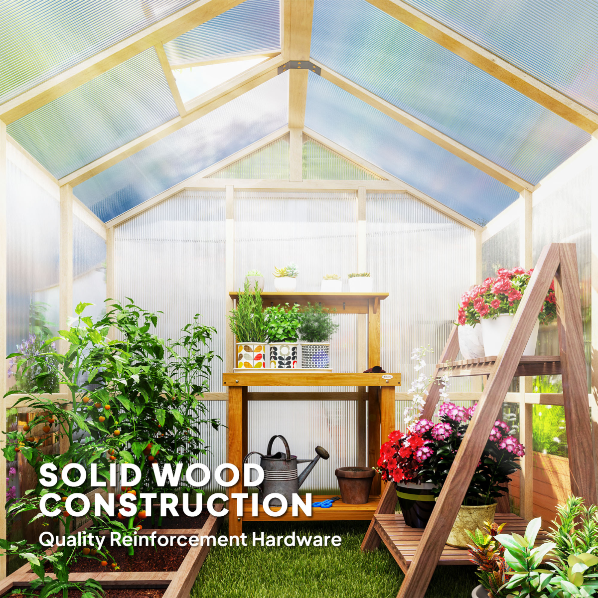 Outsunny Wooden Polycarbonate Greenhouse with Lockable Door, Brown