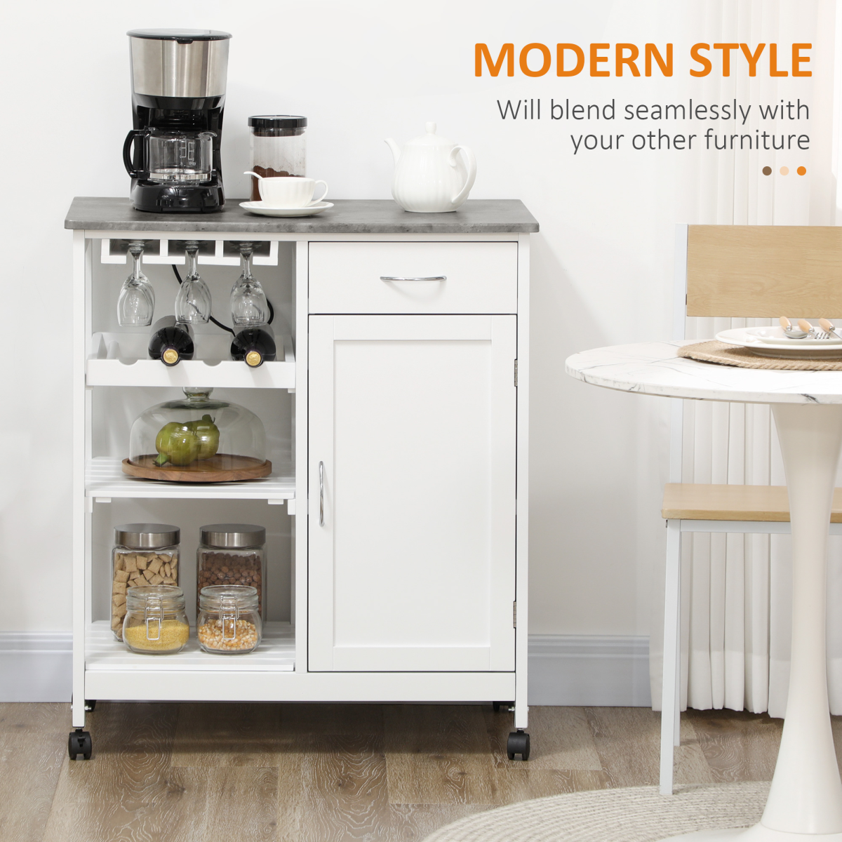 HOMCOM Kitchen Trolley Utility Cart on Wheels with Wine Rack, Drawer, Two Shelves, Side Cupboard, White