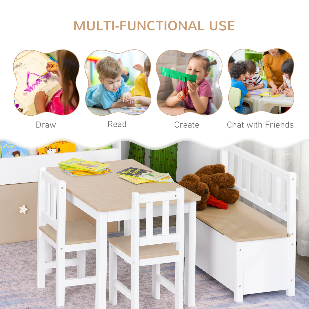 4-Piece Kids Table and Chair Set with Storage Bench, Ages 3+ HOMCOM