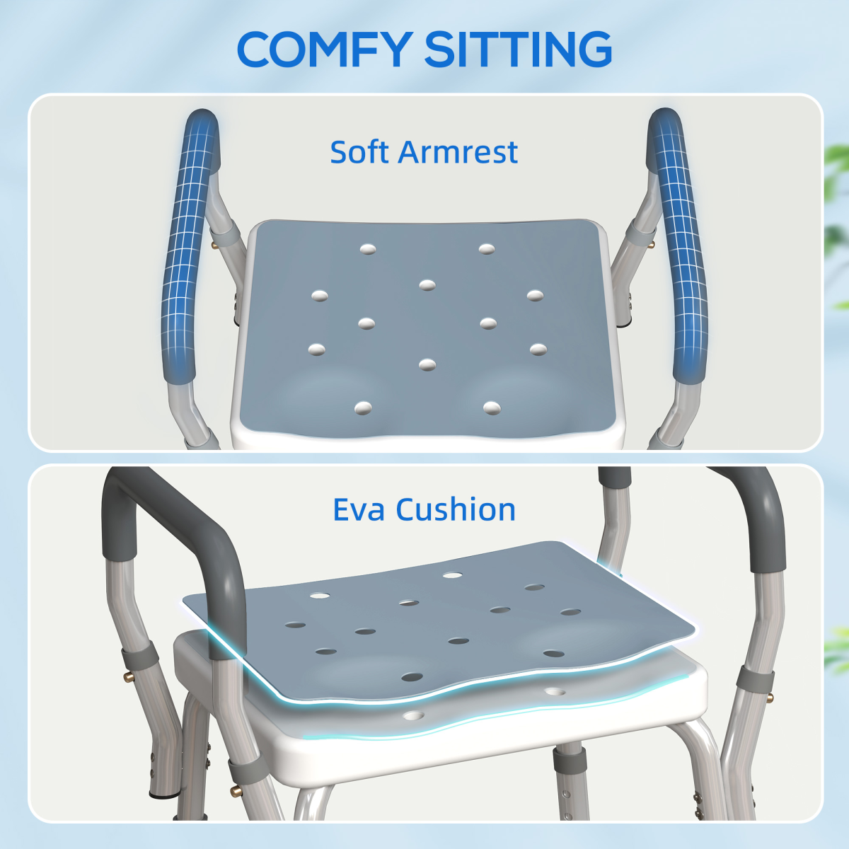HOMCOM Adjustable Height Rust-Resistant Aluminium Bath Chair, Light Blue