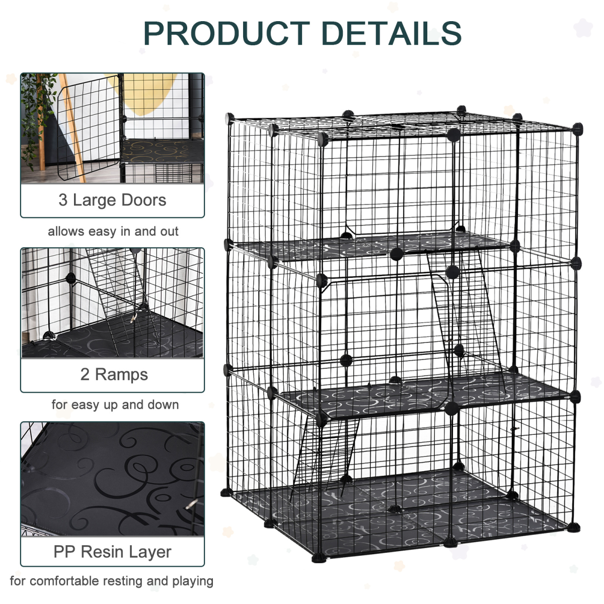 PawHut DIY Small Animal Playpen Cage with 39 Panels, 3 Doors and 2 Ramps, Customizable for Rabbits and Chinchillas