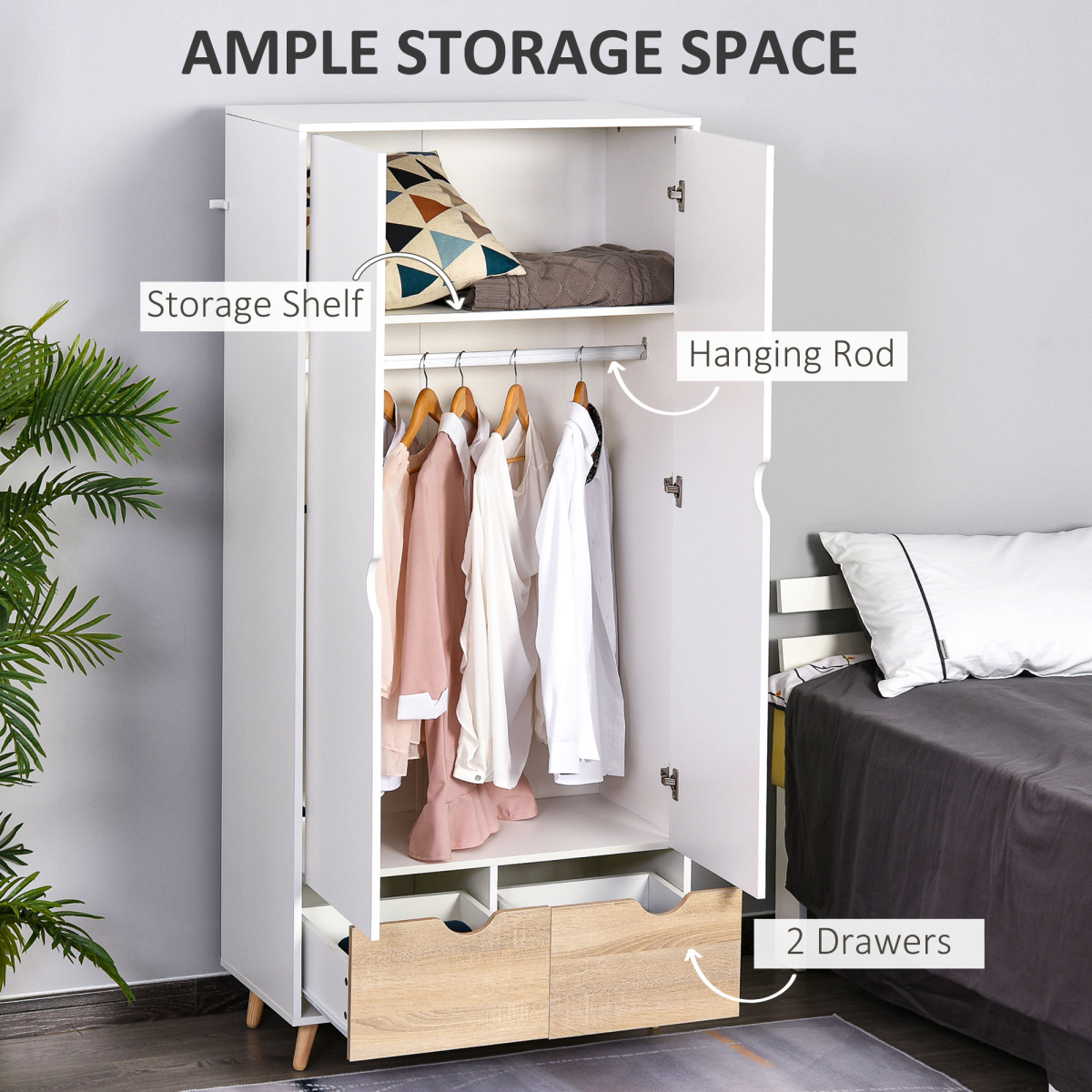 HOMCOM Particle Board Wardrobe with 2 Drawers, Metal Clothes Rod and Shelf