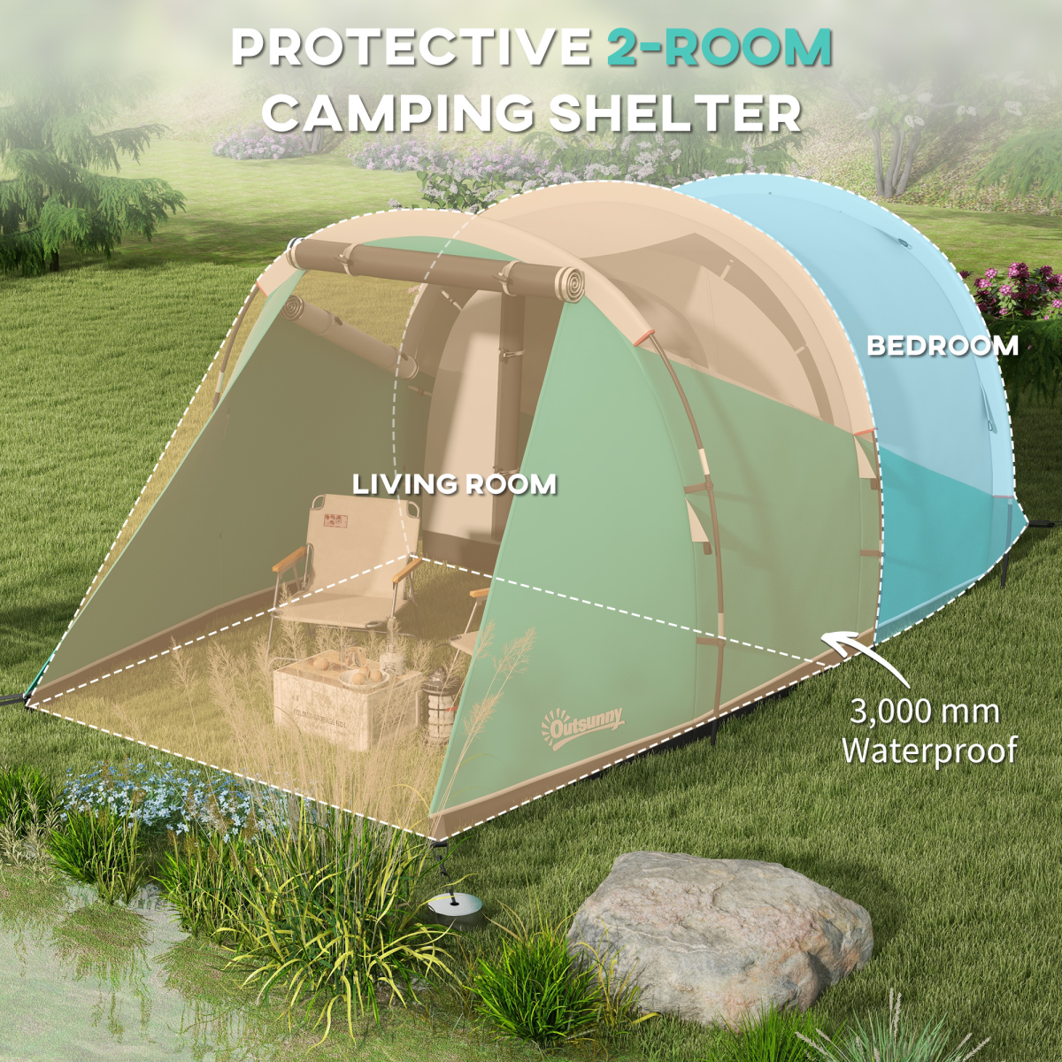 Outsunny 3000mm Waterproof 2-Room Camping Tent for 4-5 People, Green
