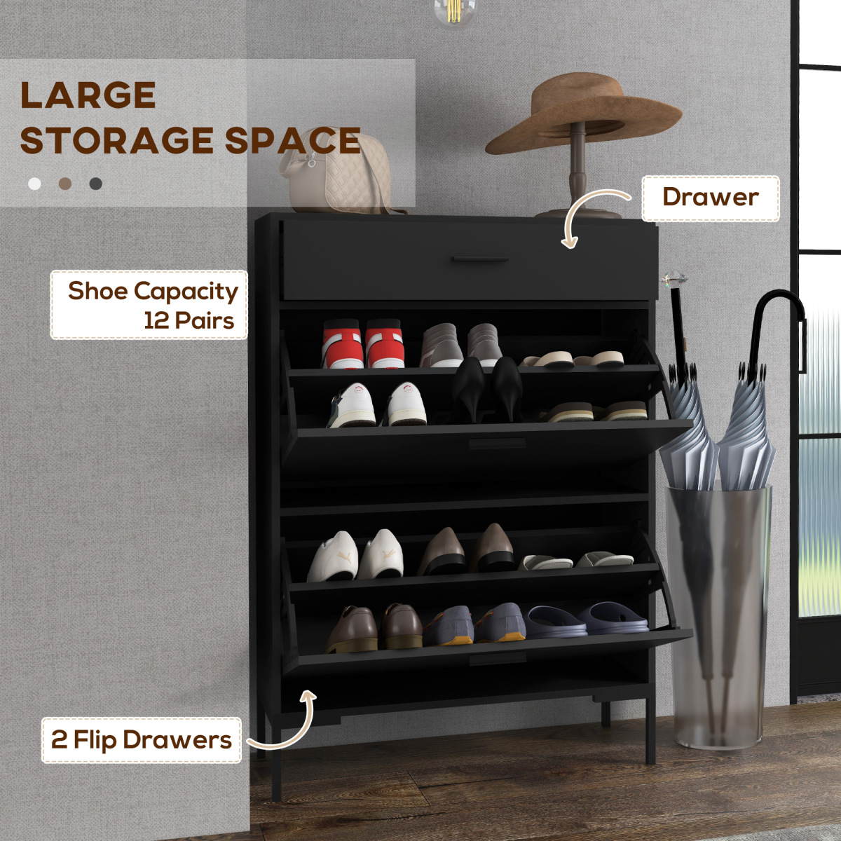HOMCOM Slim Shoe Storage Cabinet with 2 Flip Drawers, Black