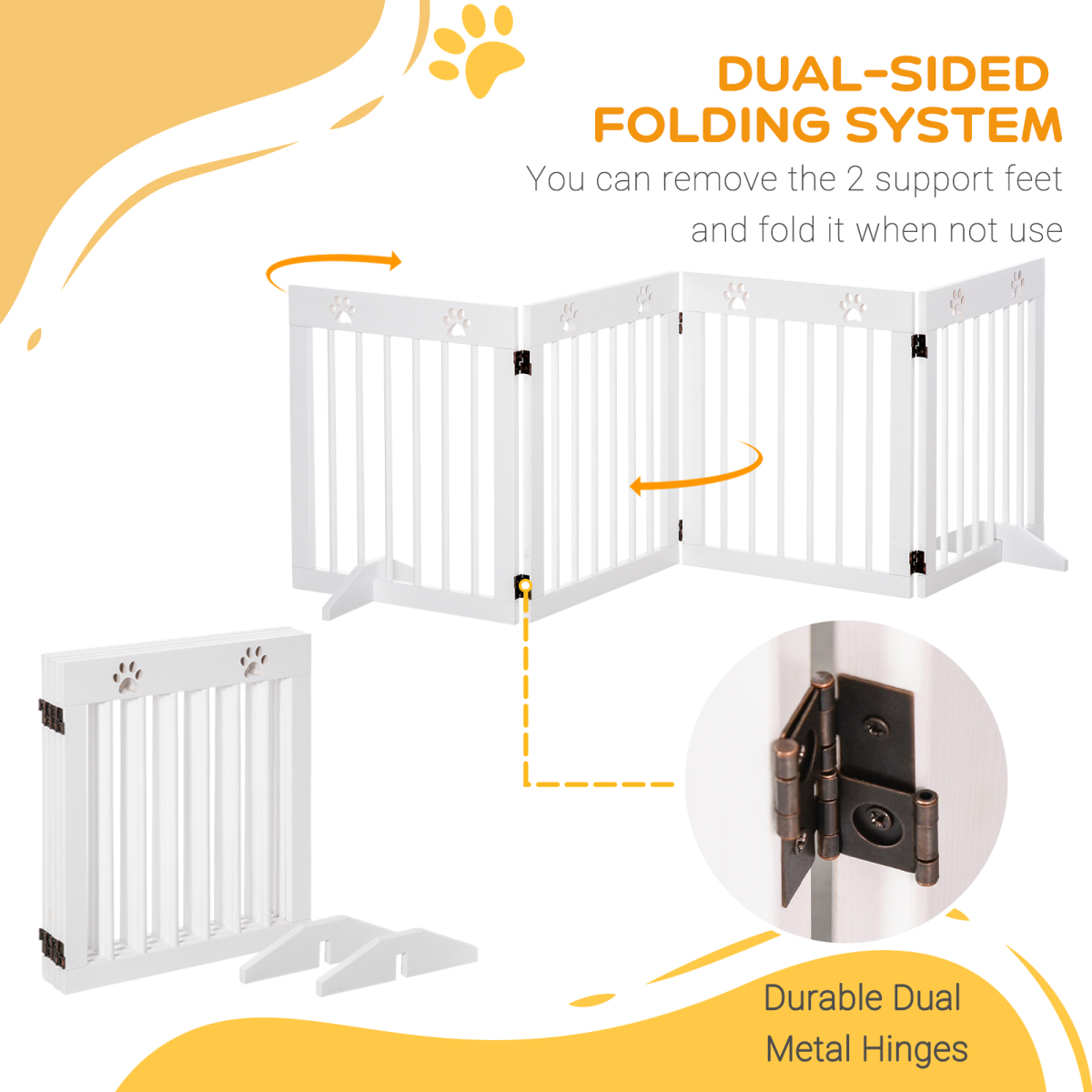 PawHut Freestanding 4-Panel Folding Wooden Pet Gate with Support Feet for Small Dogs