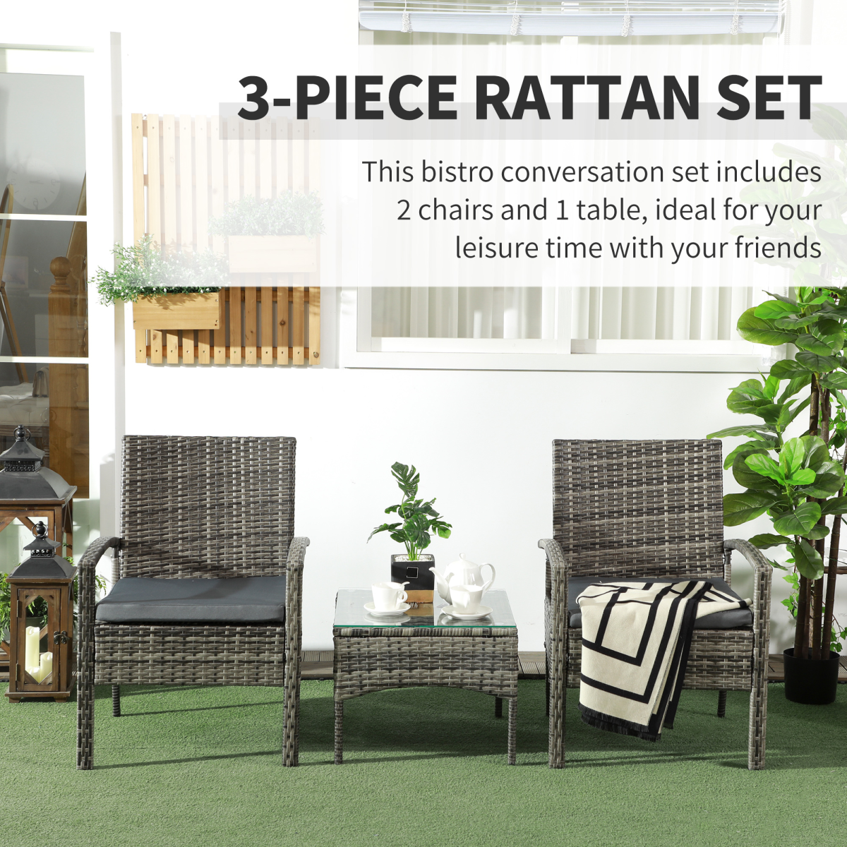 Outsunny 3-Piece Rattan Bistro Set with Cushions and Glass Table