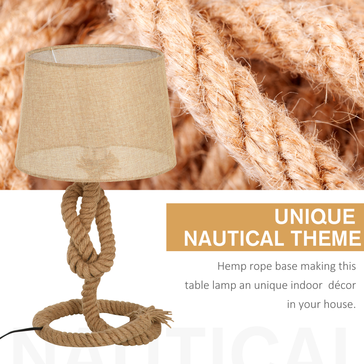 Beige Hemp Rope Table Lamp with Linen Shade, Nautical-Inspired, British Standard Plug, E27 Bulb Required, HOMCOM