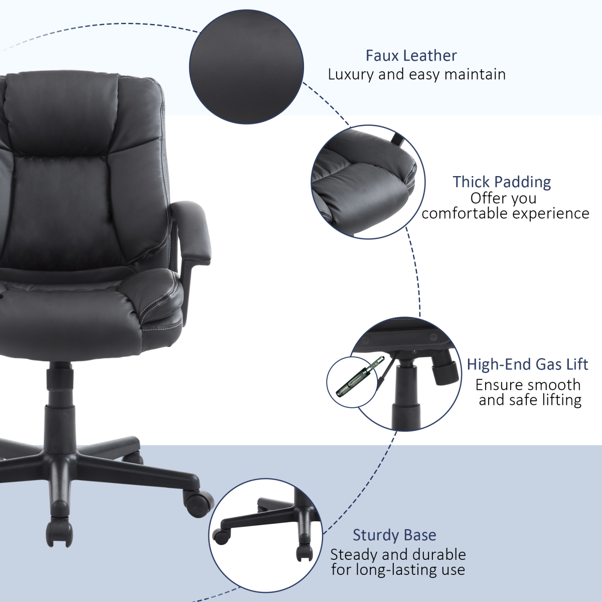 Swivel Executive Office Chair, Mid Back PU Leather, Black, with Arm
