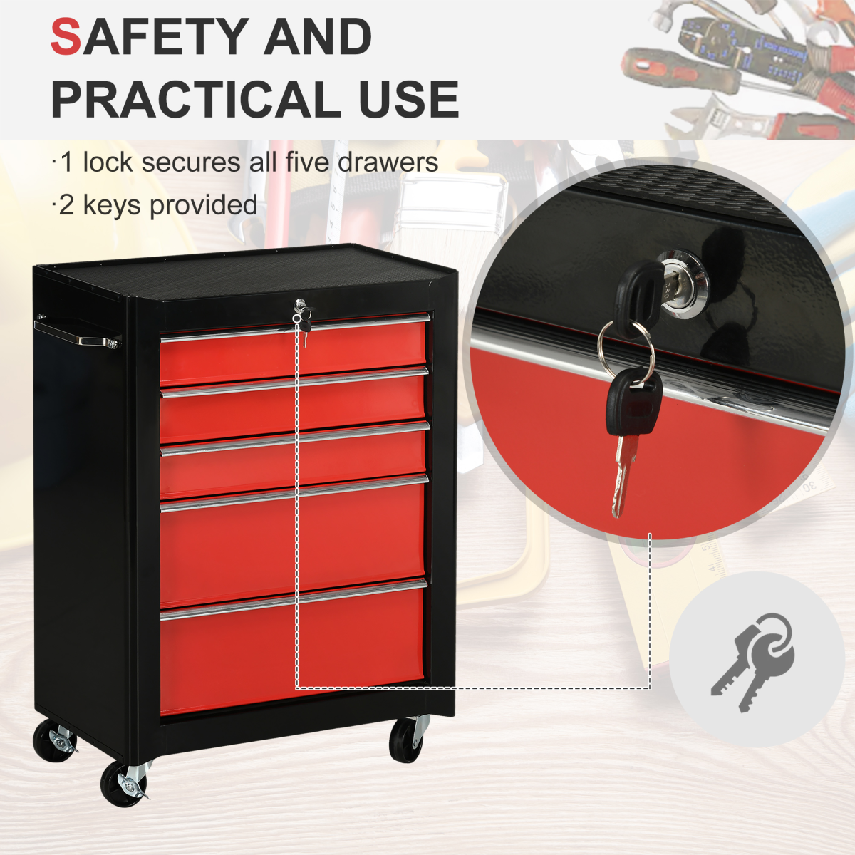 HOMCOM Lockable Steel Tool Storage Cabinet with 5 Drawers and Wheels