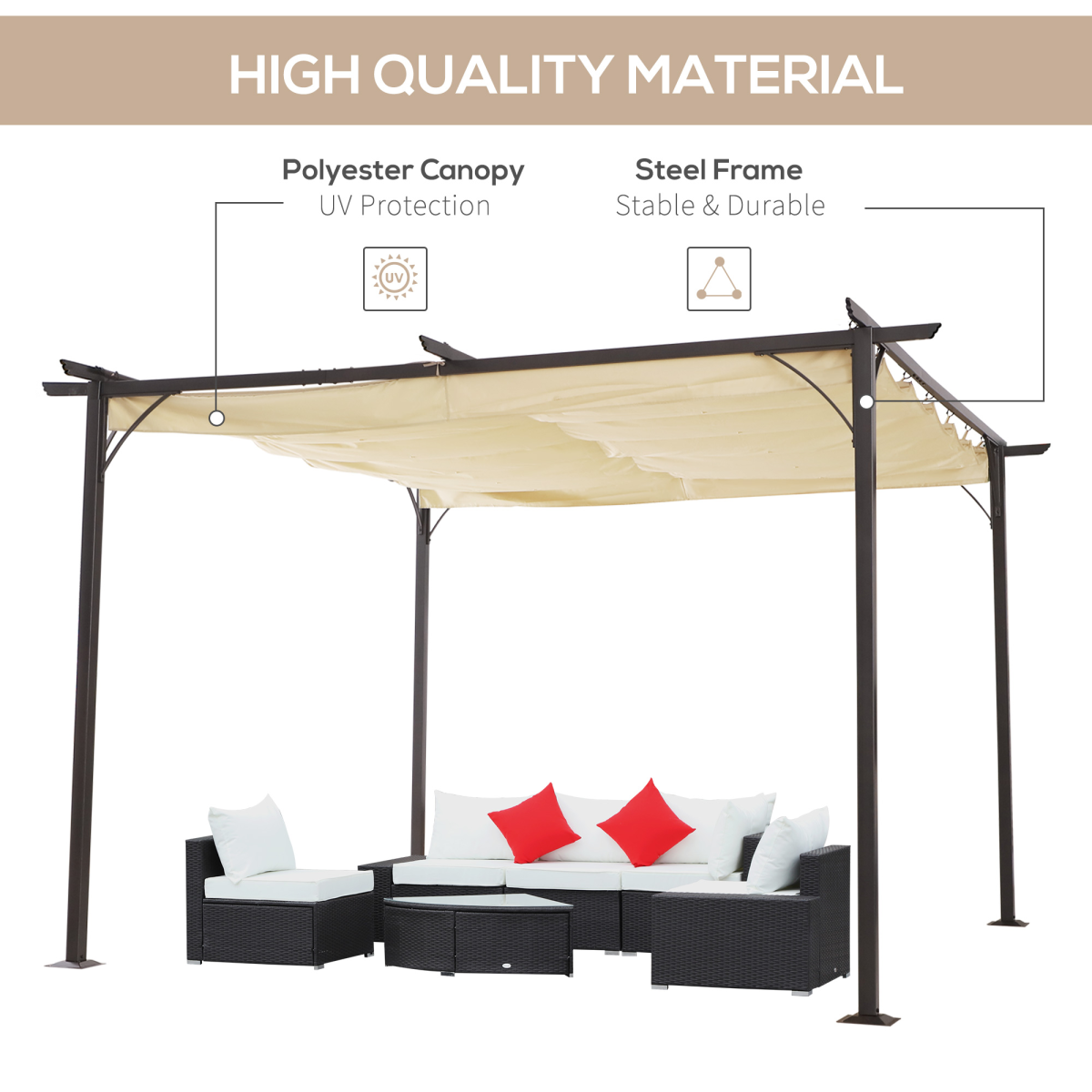 Outsunny Steel Pergola, 350L cm, Powder-Coated Steel Frame, Retractable Anti-UV Water-Repelling Canopy Roof
