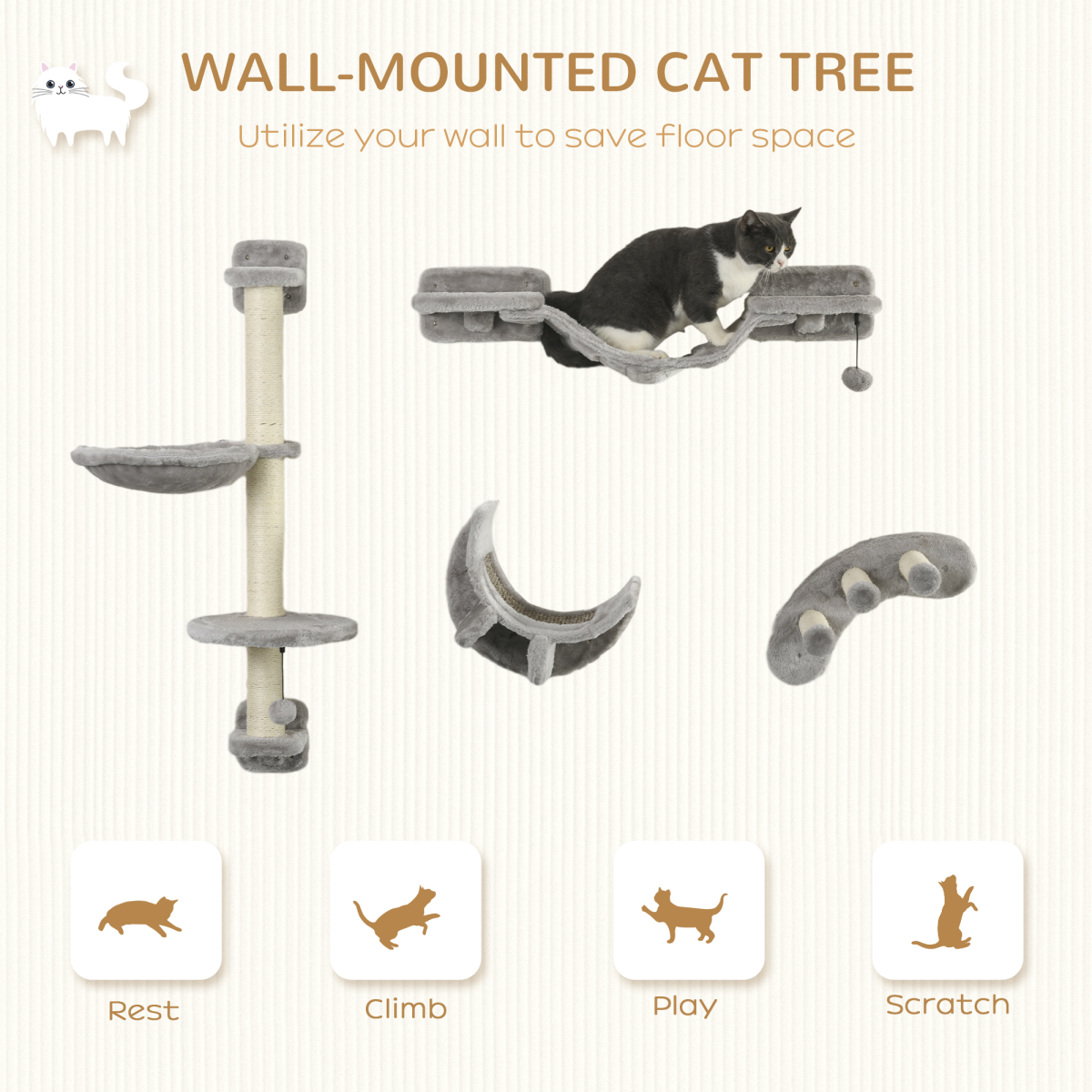 PawHut 4-Piece Wall-Mounted Cat Furniture Set with Hammock, Grey