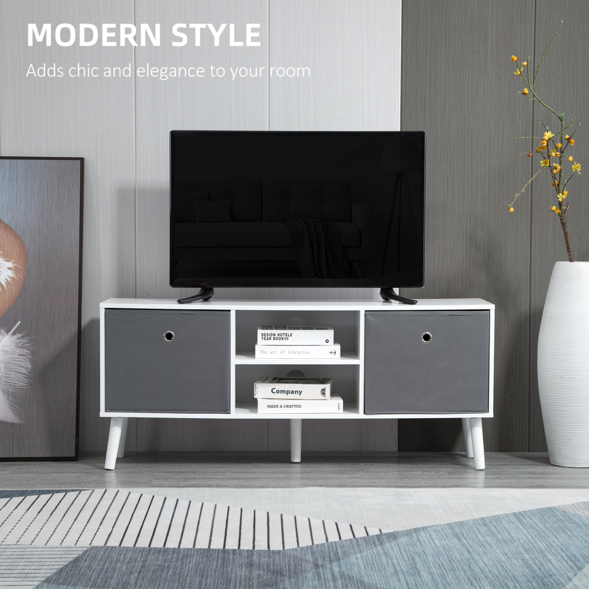 HOMCOM Modern TV Cabinet Stand with 2 Fabric Drawers, 2 Shelves, Cable Holes, Fits TVs up to 50in