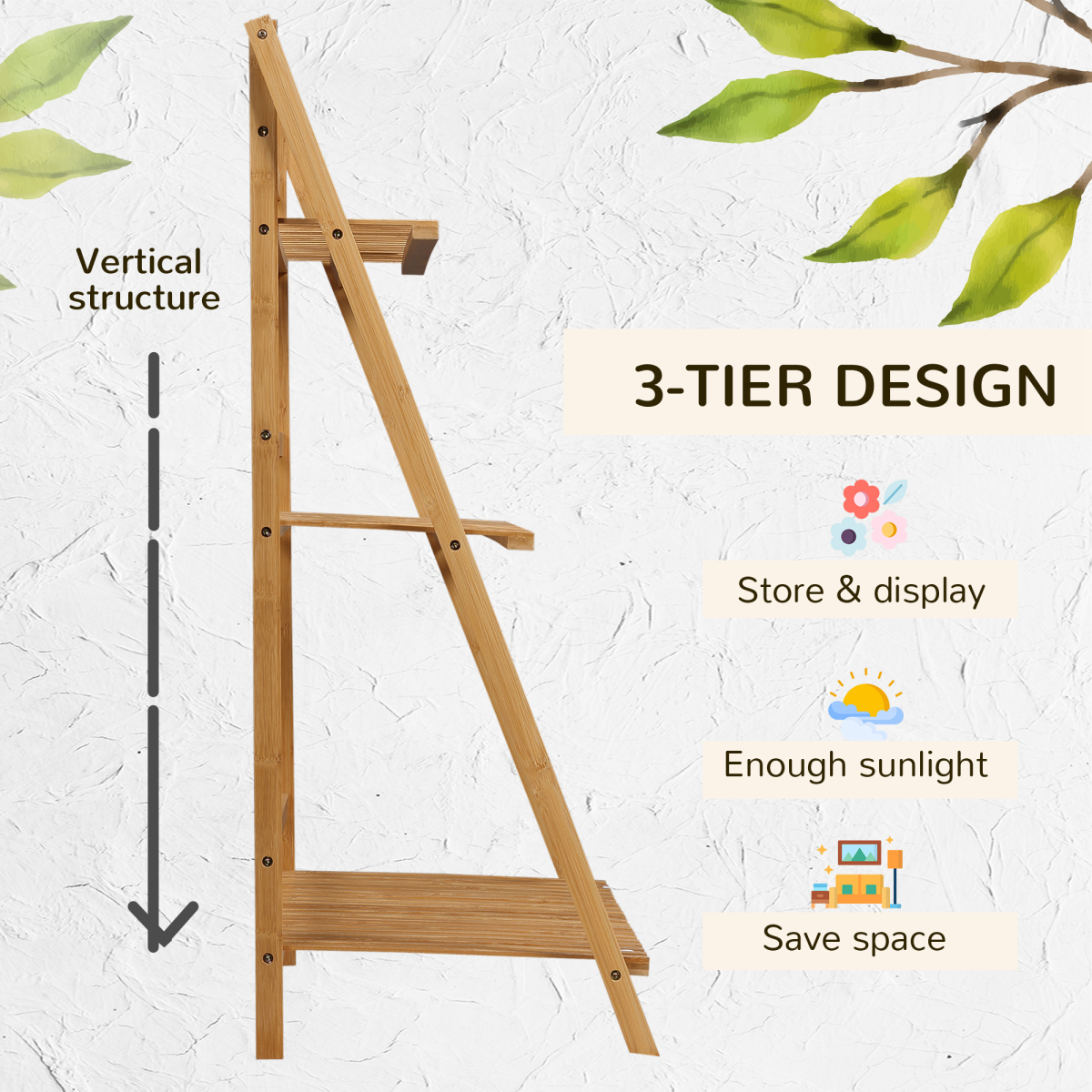 Outsunny Folding 3-Tier Bamboo Plant Stand Shelf for Indoor & Outdoor