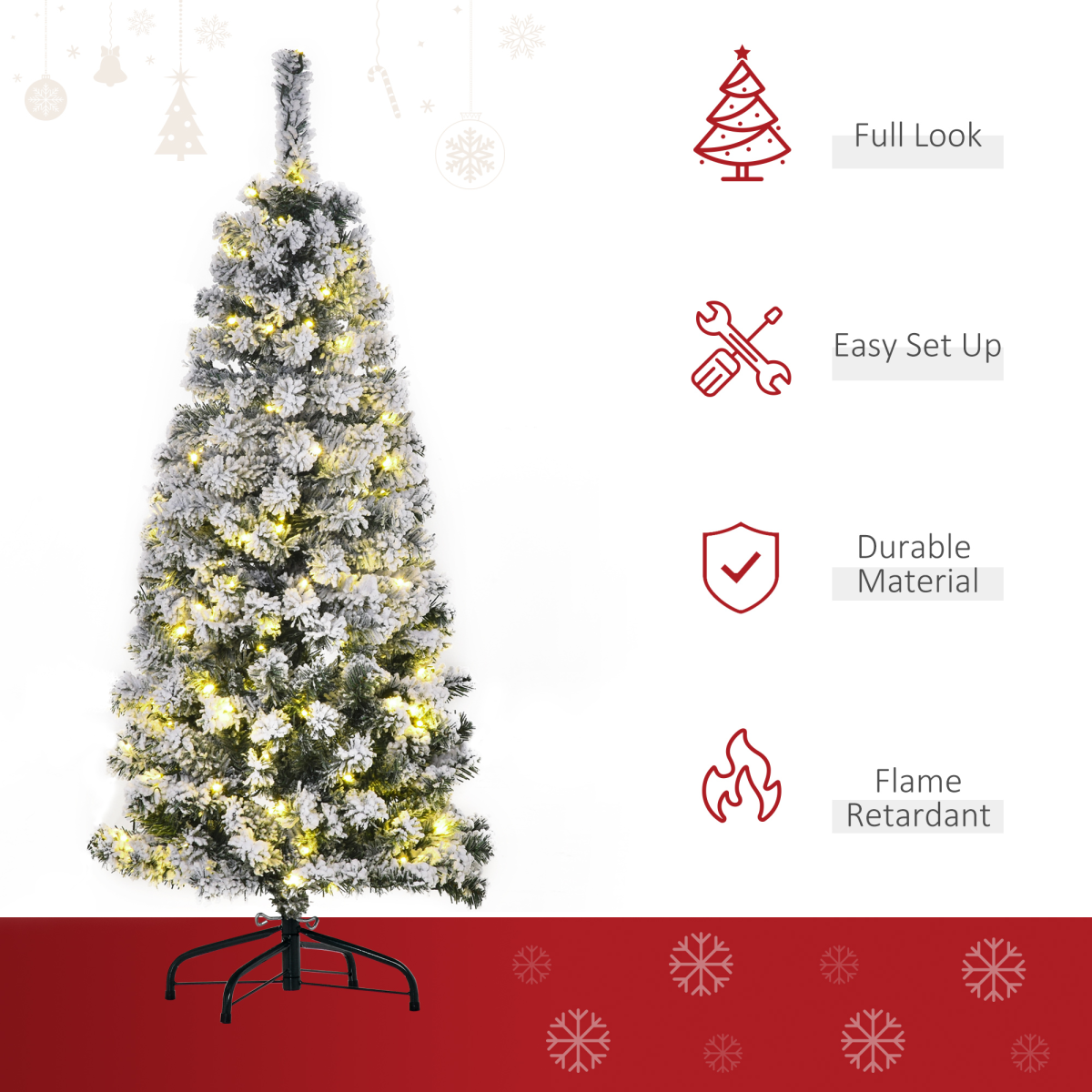 HOMCOM 4ft Prelit Artificial Snow Flocked Christmas Tree with 150 Warm LED Lights, Green and White
