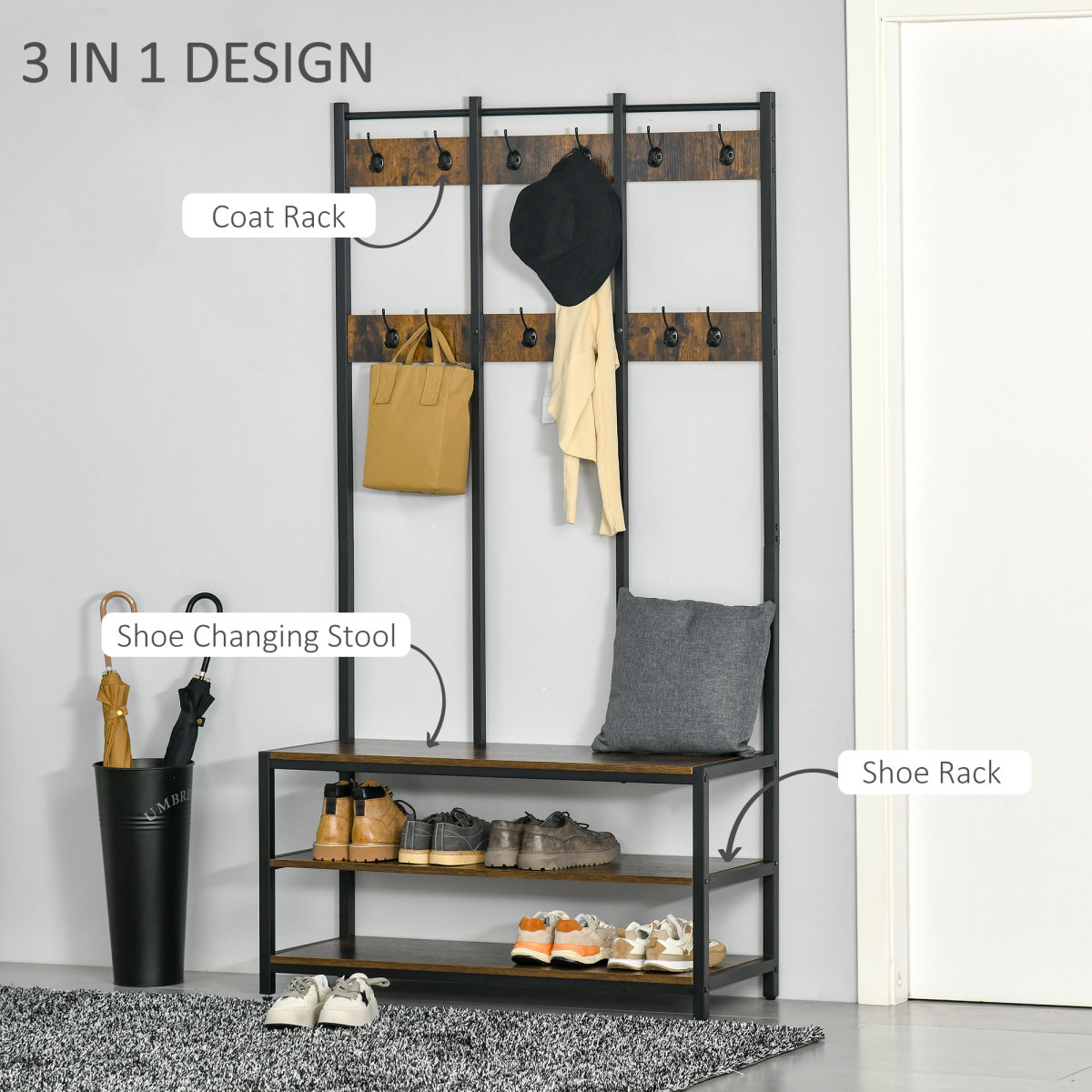 Entryway Hall Tree Coat Rack with Shoe Bench, 3-in-1 Metal Storage Rack with 12 Hooks and Shoe Shelf, Industrial Style
