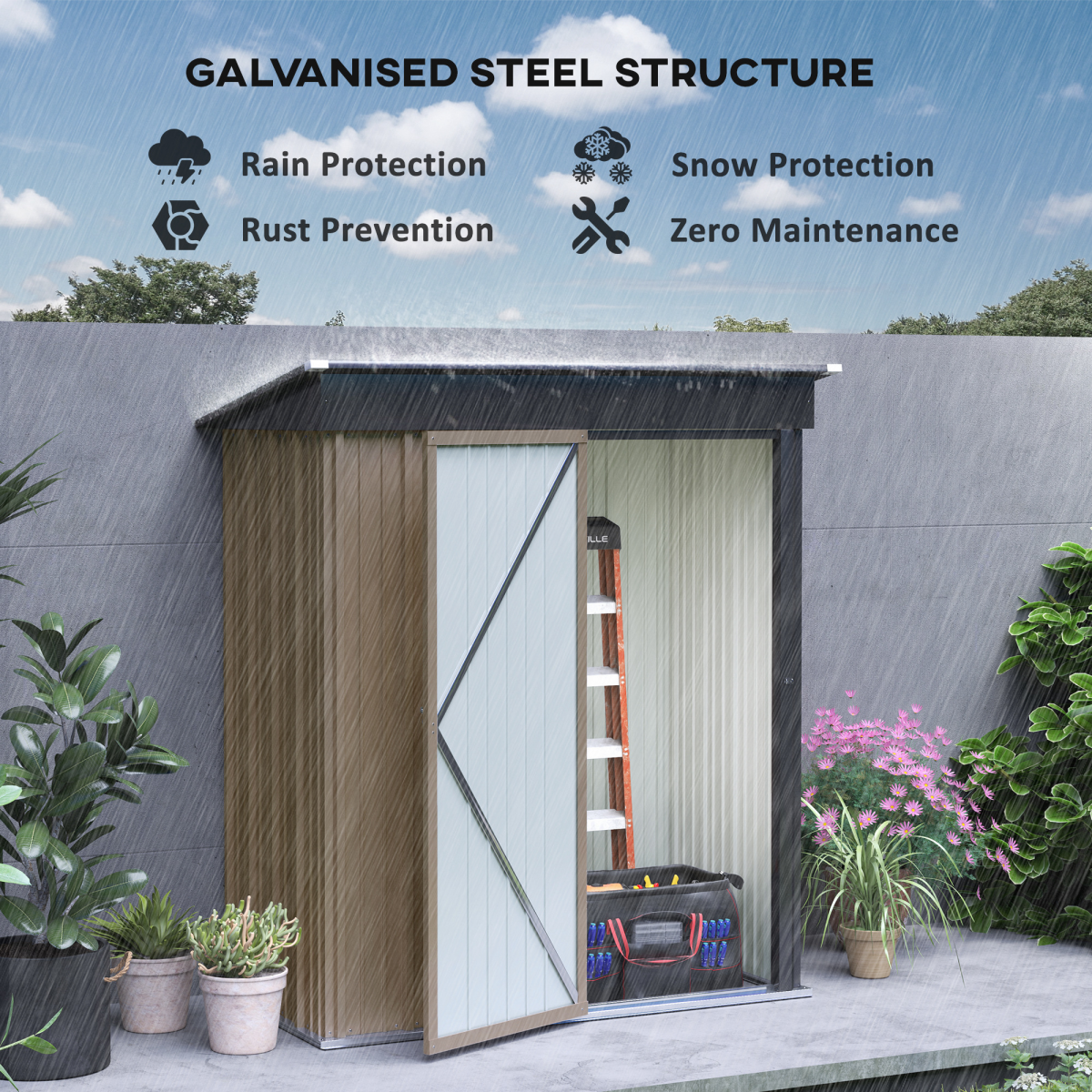 Outsunny Lean-to Steel Garden Shed, 5x3 ft, Bike Storage, Brown