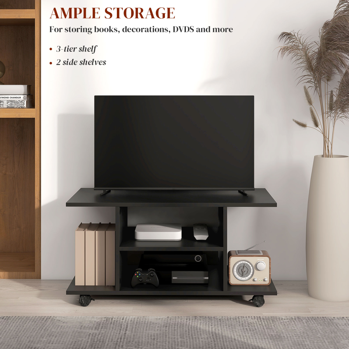 HOMCOM Black Mobile TV Stand with 3-Tier Storage Shelves and Lockable Castor Wheels