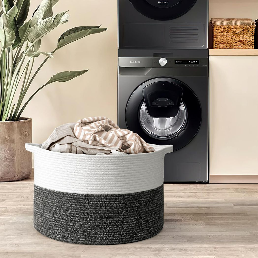 Vinsani Hand-Woven Cotton Rope Laundry Basket, Freestanding Storage Hamper with Handles, Foldable Basket for Laundry and Household Storage