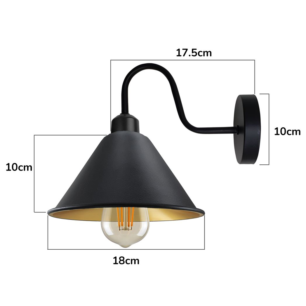 Vintage Black Gold Wall Sconce, E27 Cone Shade Wall Light