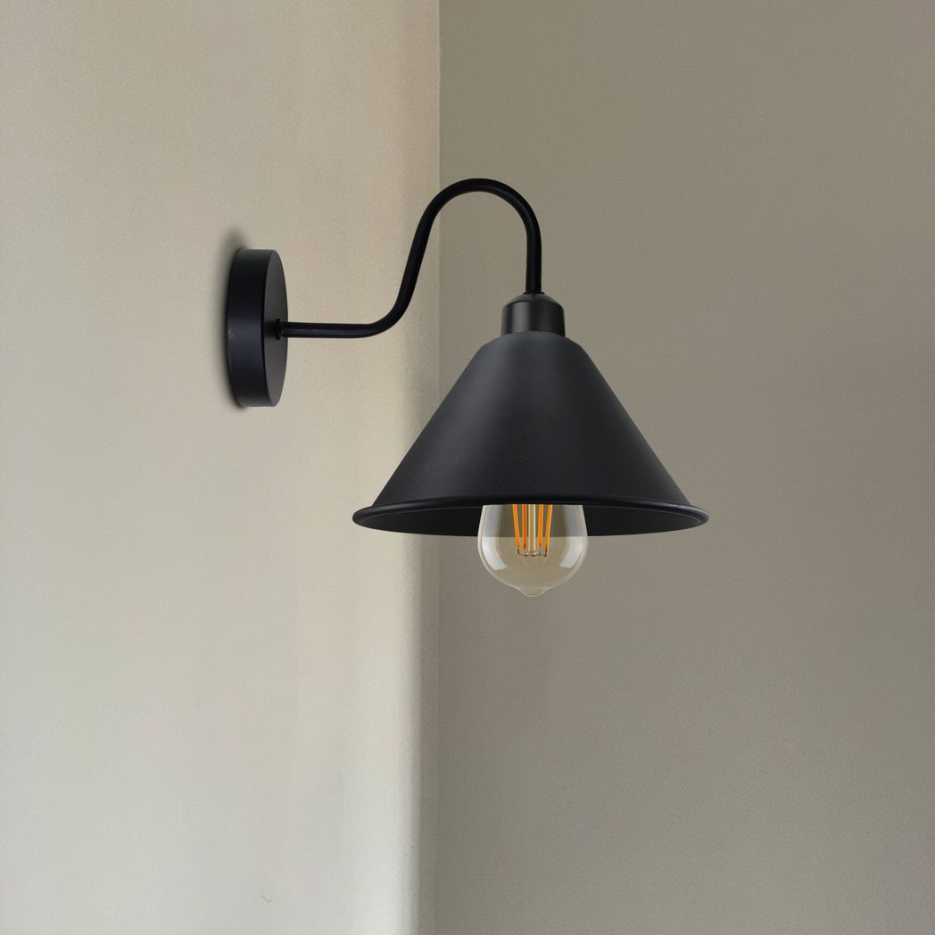 Black Vintage Wall Sconce, E27 Wall Mounted Cone Shade Swan Neck Light