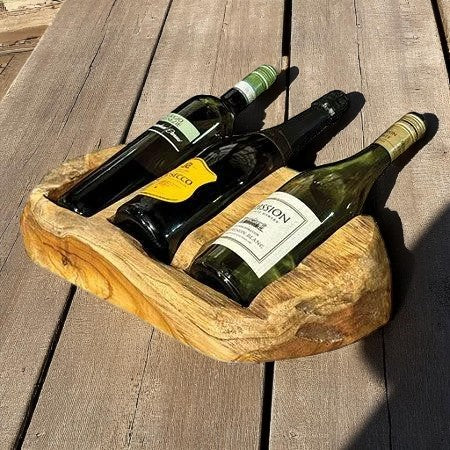 45cm Handcrafted Teak Root Triple Wine Holder for 3 Bottles