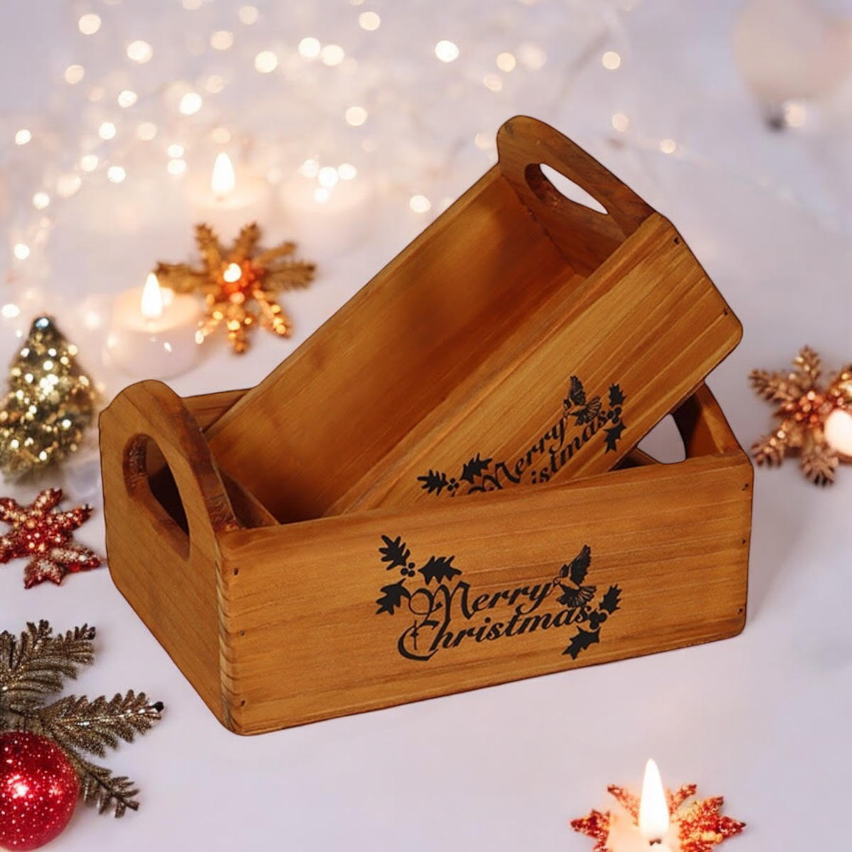 MSL Set of 2 Hand Finished Wooden Christmas Boxes
