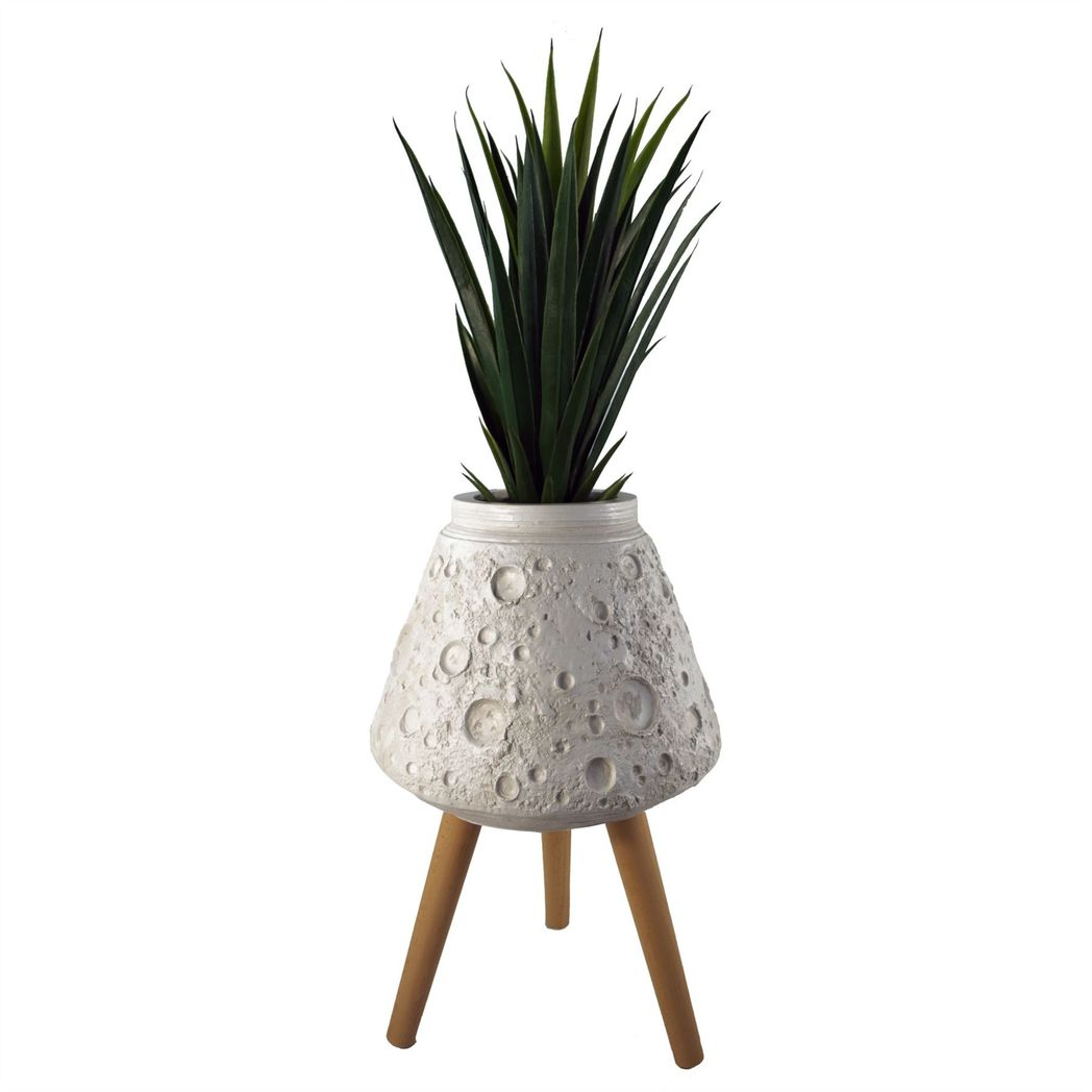 Leaf Large Lunar White Fibreglass Composite Planter with Wooden Legs, 62cm x 40cm