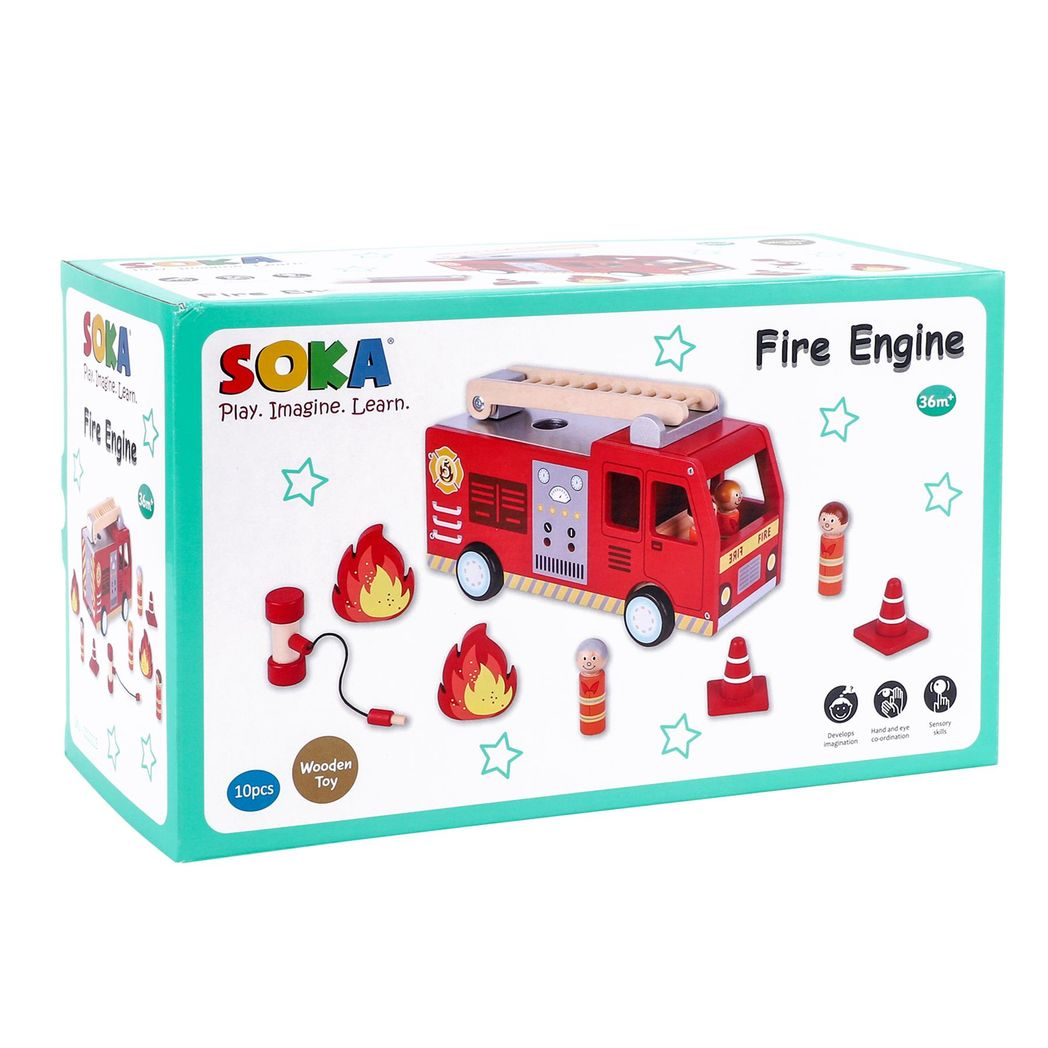 SOKA Wooden Fire Engine Truck Playset with 4 Firefighters