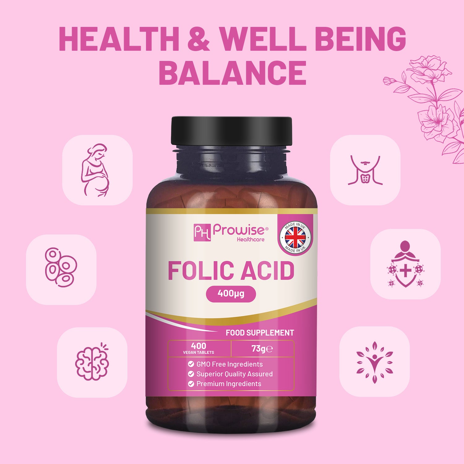 Prowise Folic Acid 400 mcg Tablets, 400 Vegan Vitamin B9 Tablets