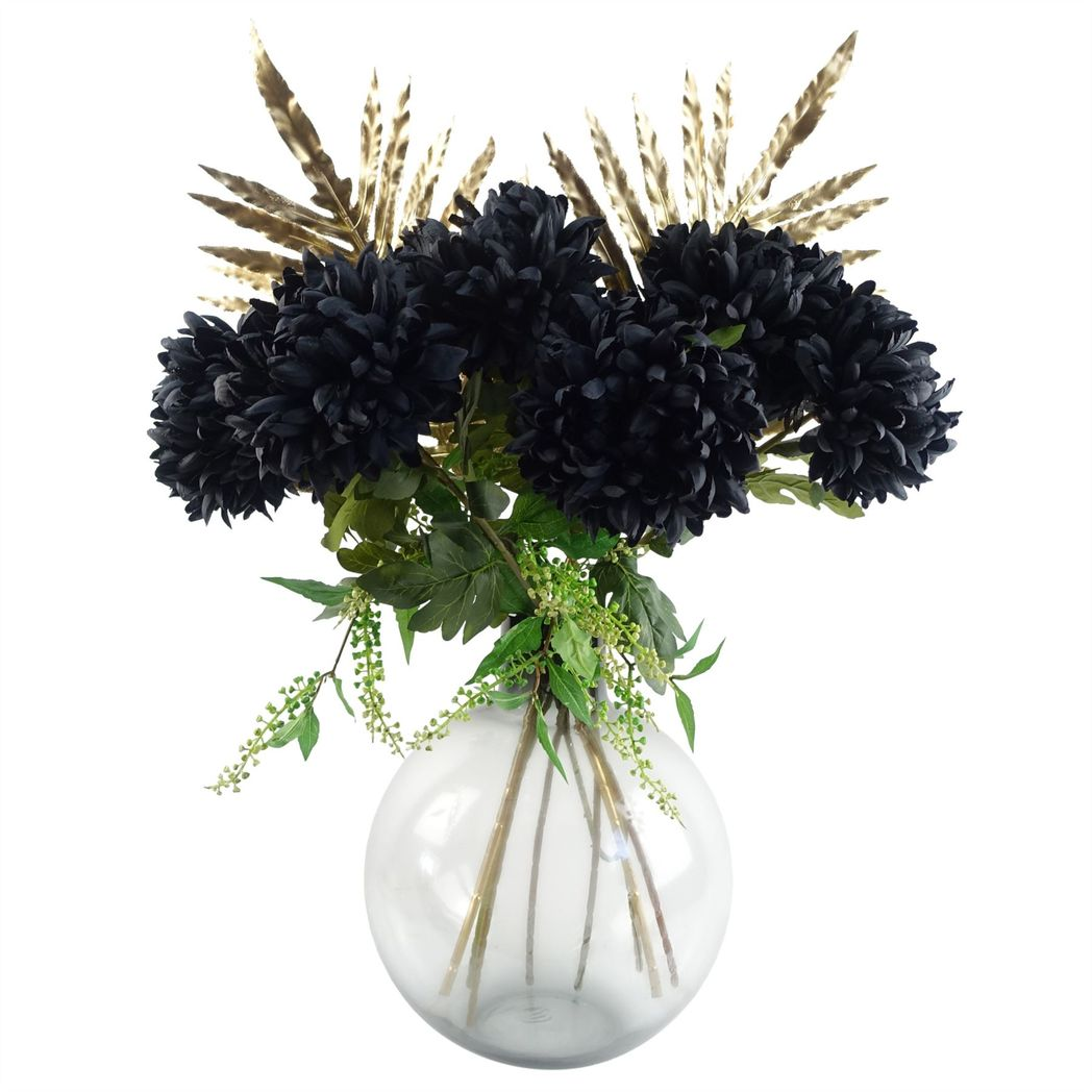 Leaf Pack of 6 Black Extra Large Reflex Chrysanthemum Silk Flower Stems 75cm