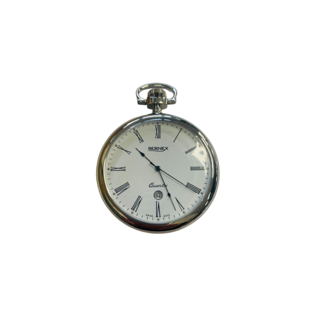 Bernex Swiss Made Roman Numeral Date Rhodium Plate Open Face Pocket Watch