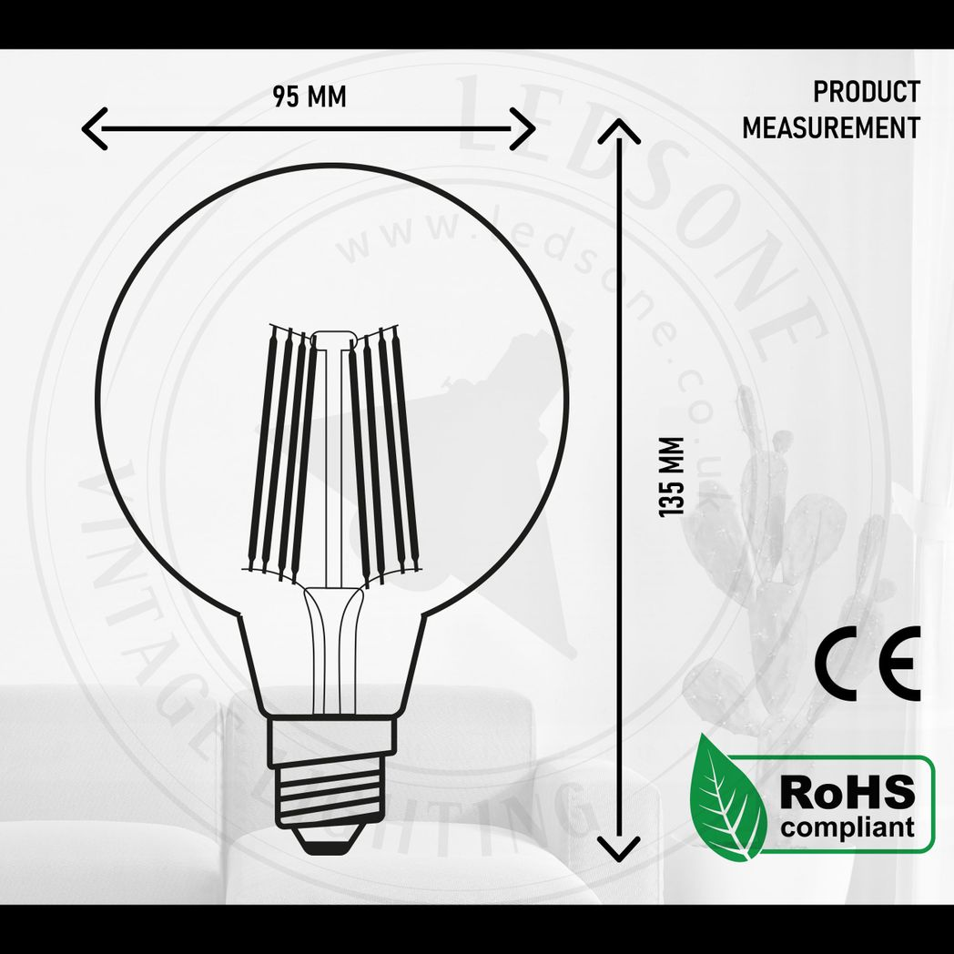 5 Pack of Vintage Globe Edison LED Light Bulb G95 8W, E27 Screw Bulb