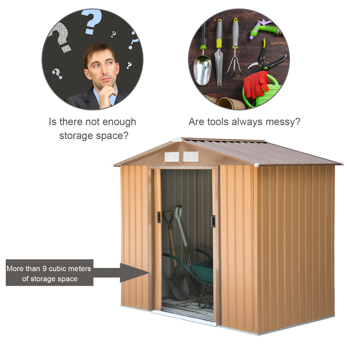 Outsunny 9 x 6 ft Metal Storage Shed, Khaki, with Sliding Double Doors, Ventilation and Floor Foundation