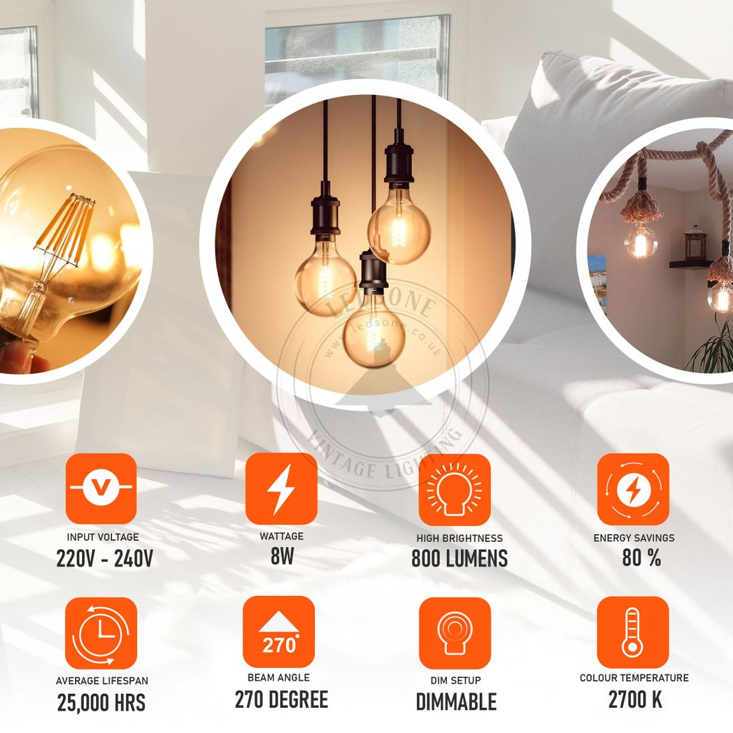G125 E27 8W Edison Style LED filament Globe shape Retro Vintage Amber light bulb